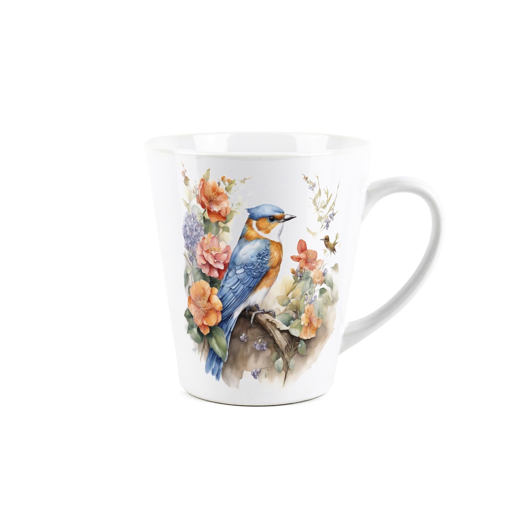 Small white latte mug with blue & orange bird design