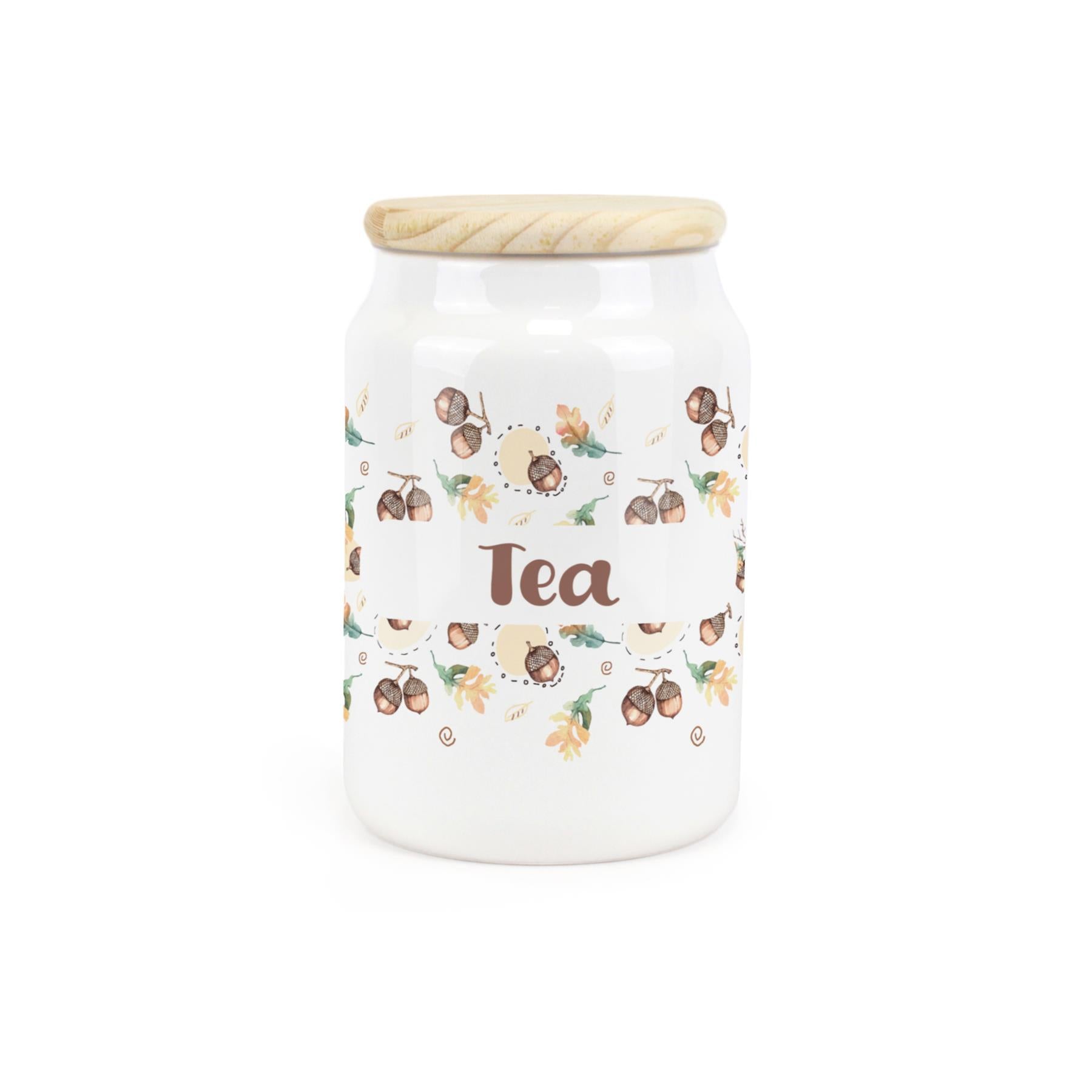 White ceramic canister with a retro 1950s print featuring a tea design.