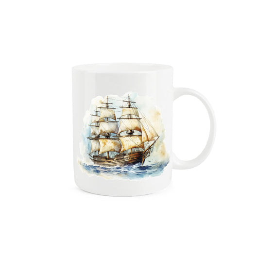 Detailed ship-themed mug with an old ship sailing through calm seas.