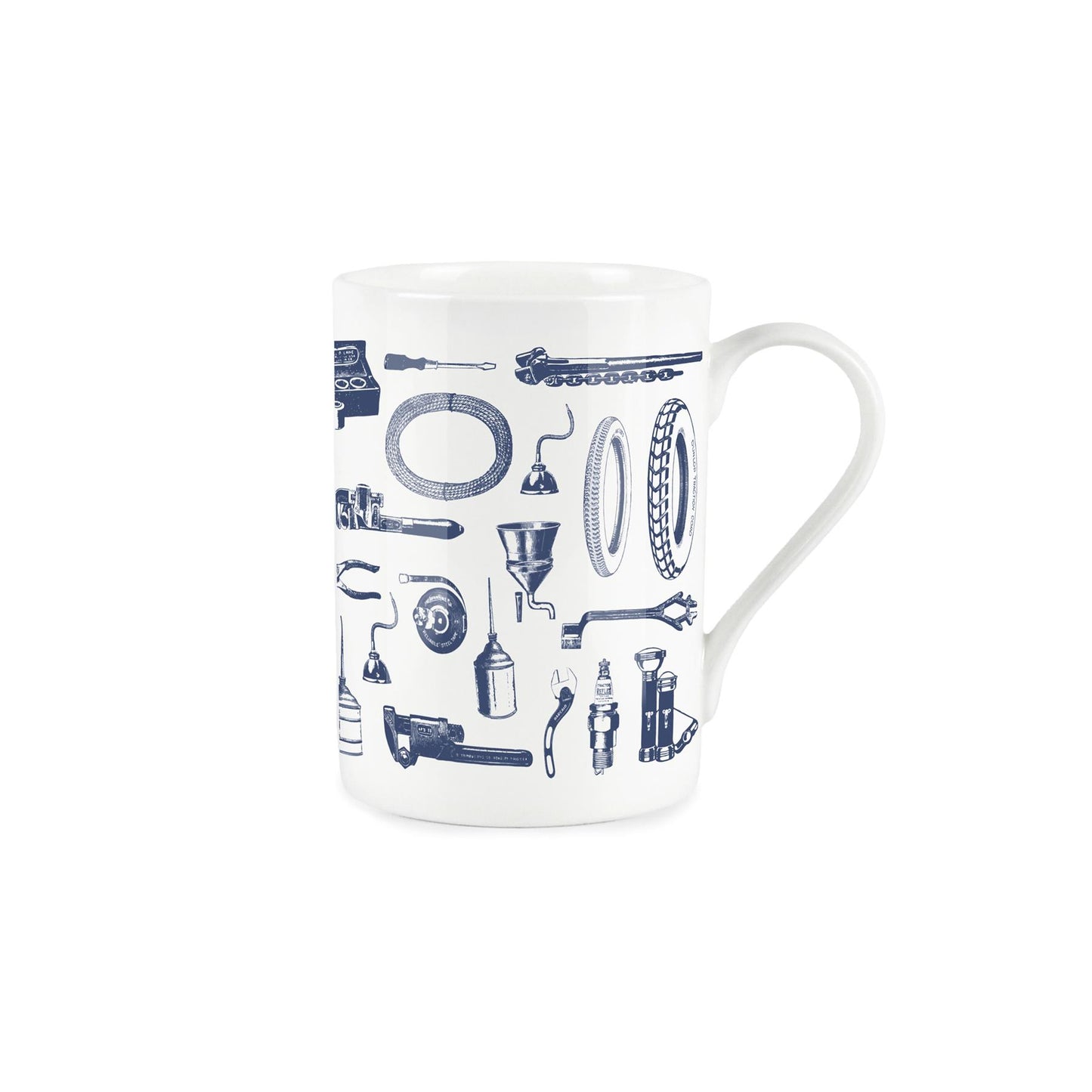 White bone china mug with vintage blue car parts design
