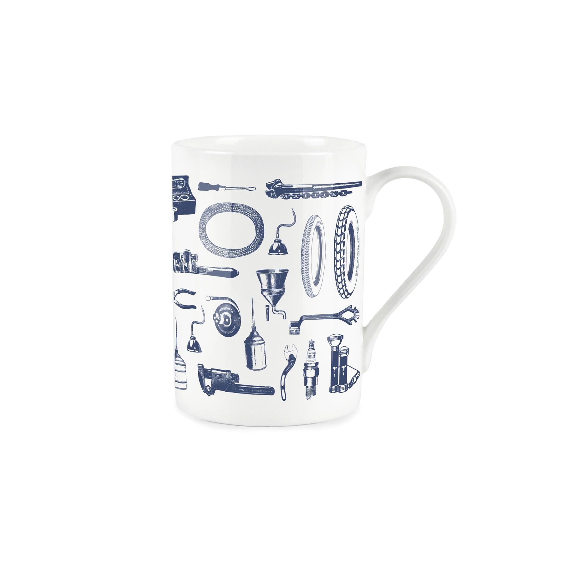White bone china mug with vintage blue car parts design