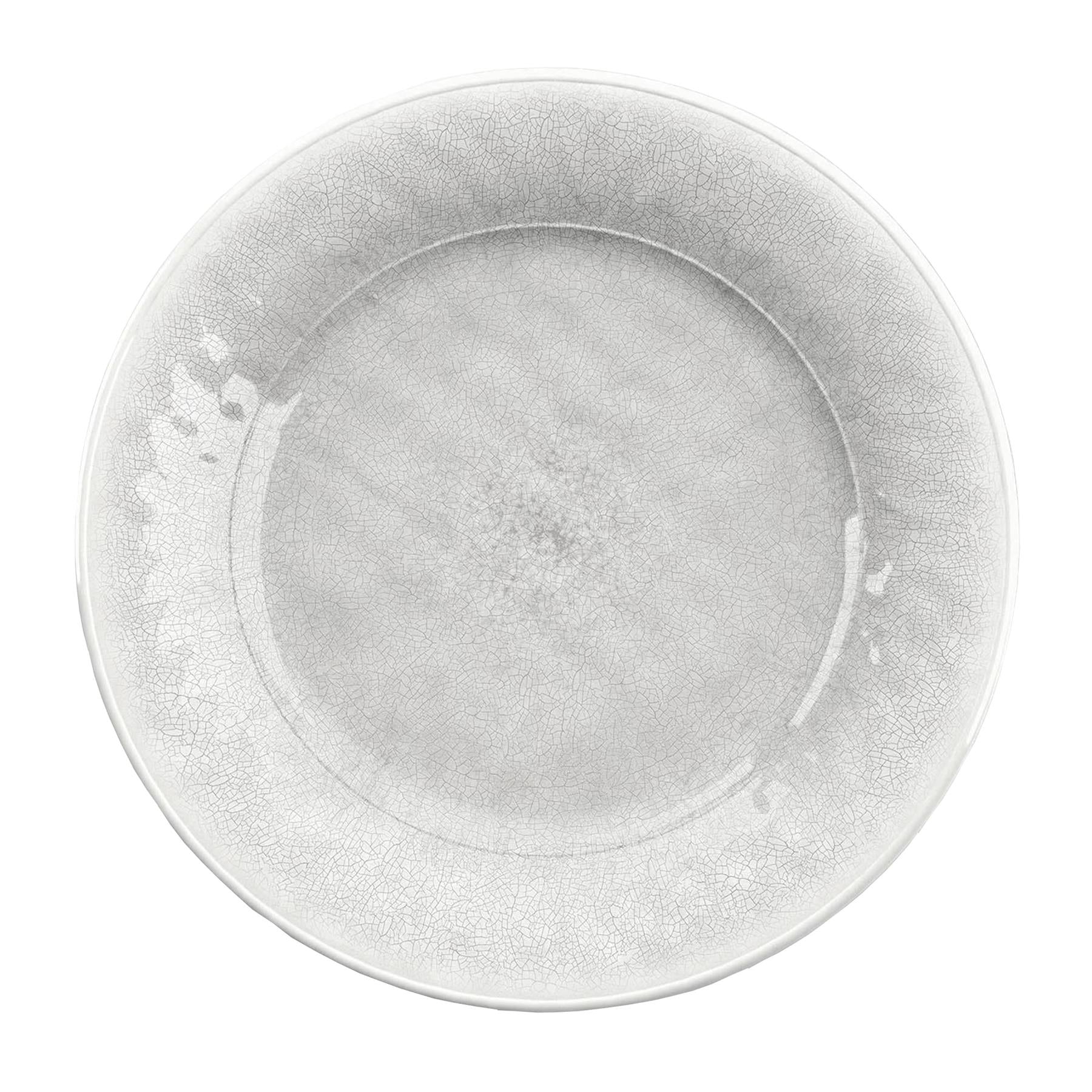 White Melamine dinner plate with cracked reactive glaze finish and smooth interior