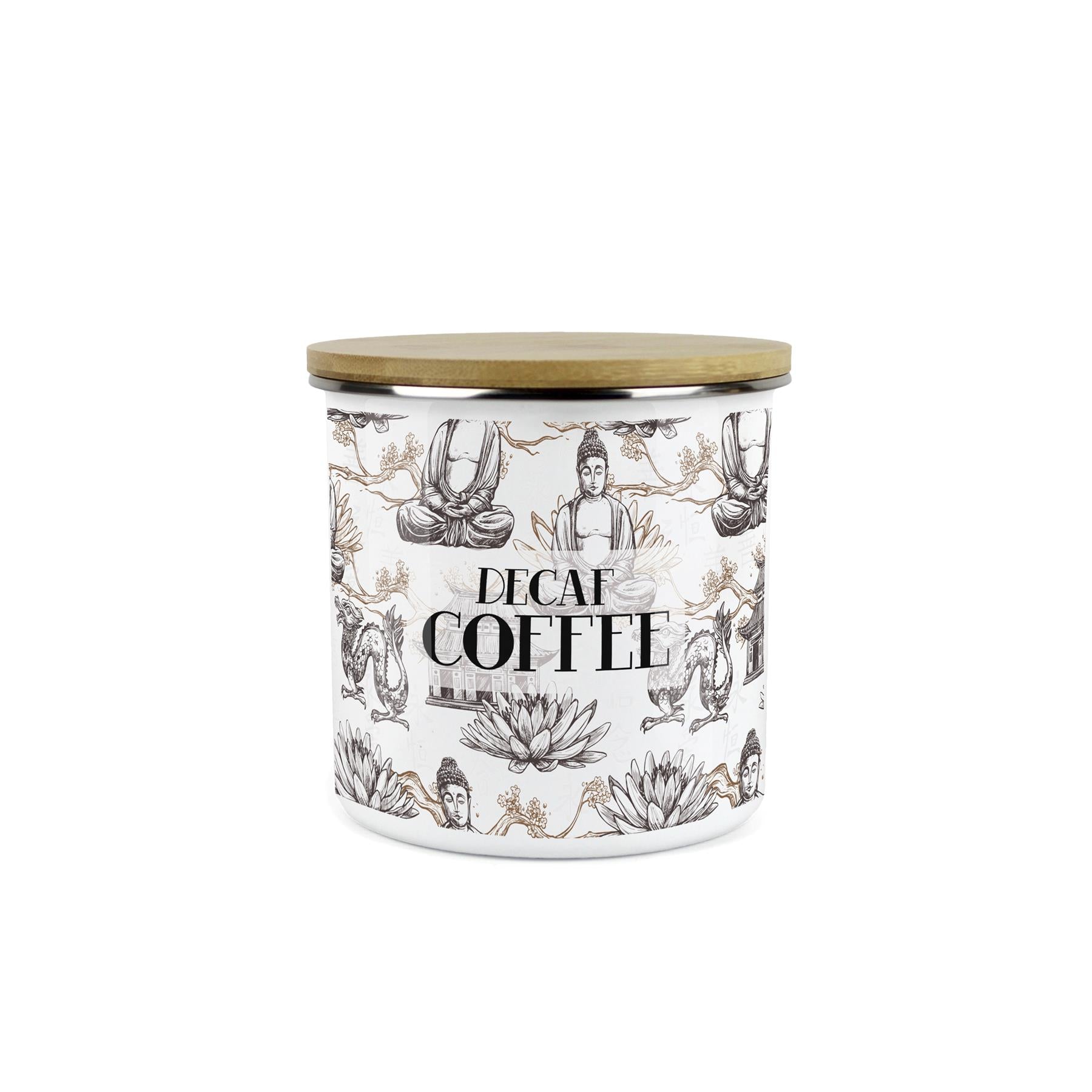 Decaf Coffee Storage Canister - Oriental Scene Enamel Kitchen Storage Jar