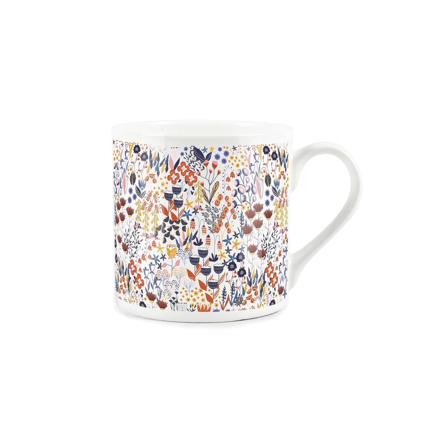 White bone china mug featuring a vibrant blooming summer flower pattern