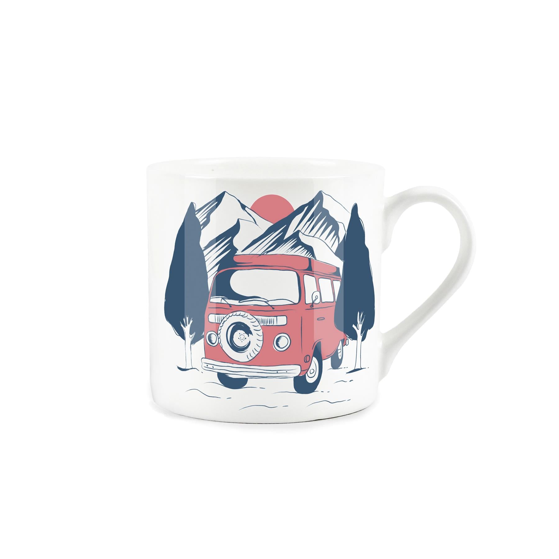 White bone china mug featuring campervan at the bottom of a mountain