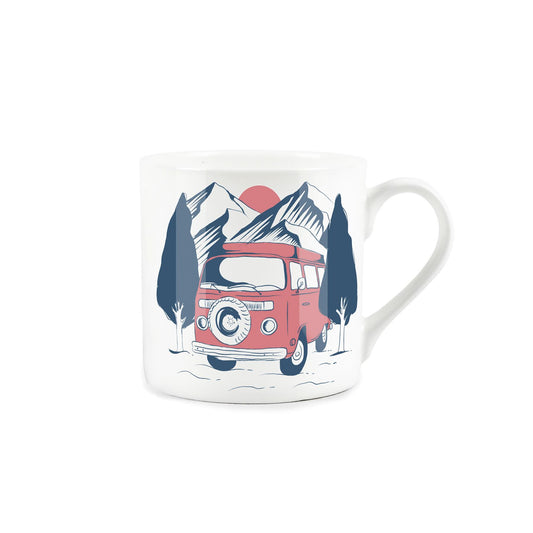 White bone china mug featuring campervan at the bottom of a mountain