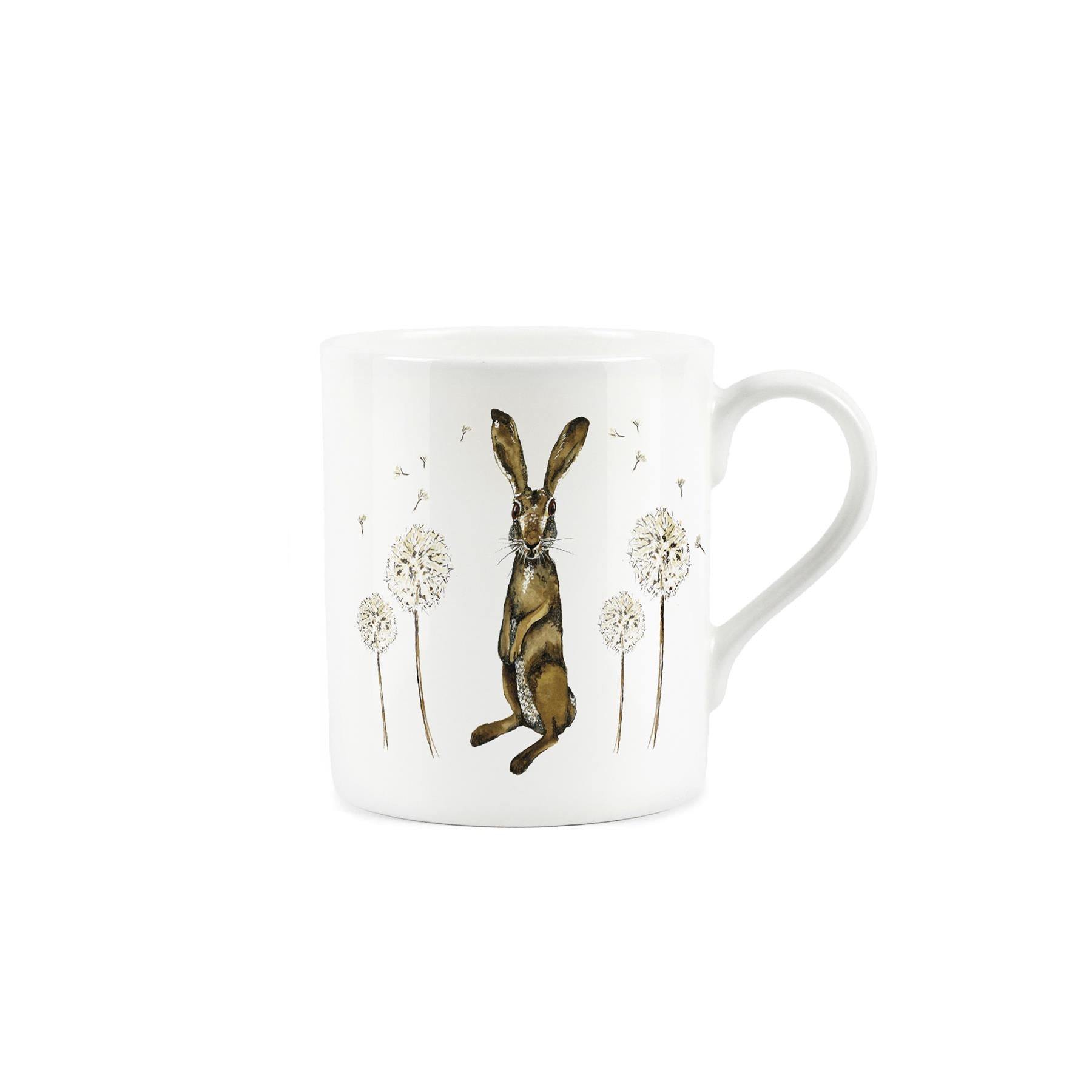 White bone china mug with watercolour hare & dandelions