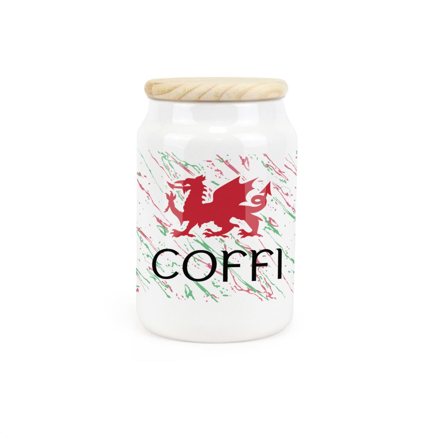 White ceramic canister featuring red Welsh dragon design.