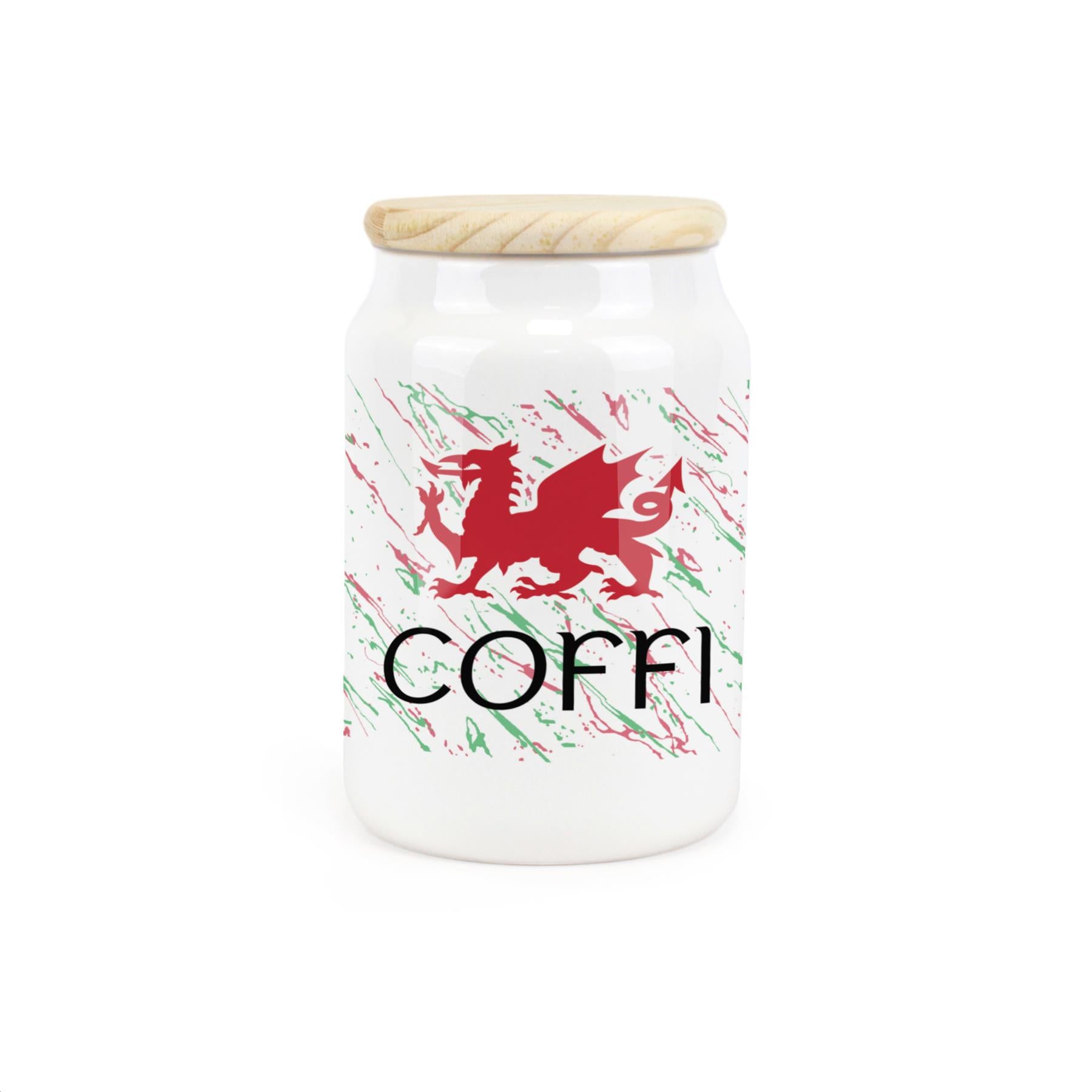 White ceramic canister featuring red Welsh dragon design.