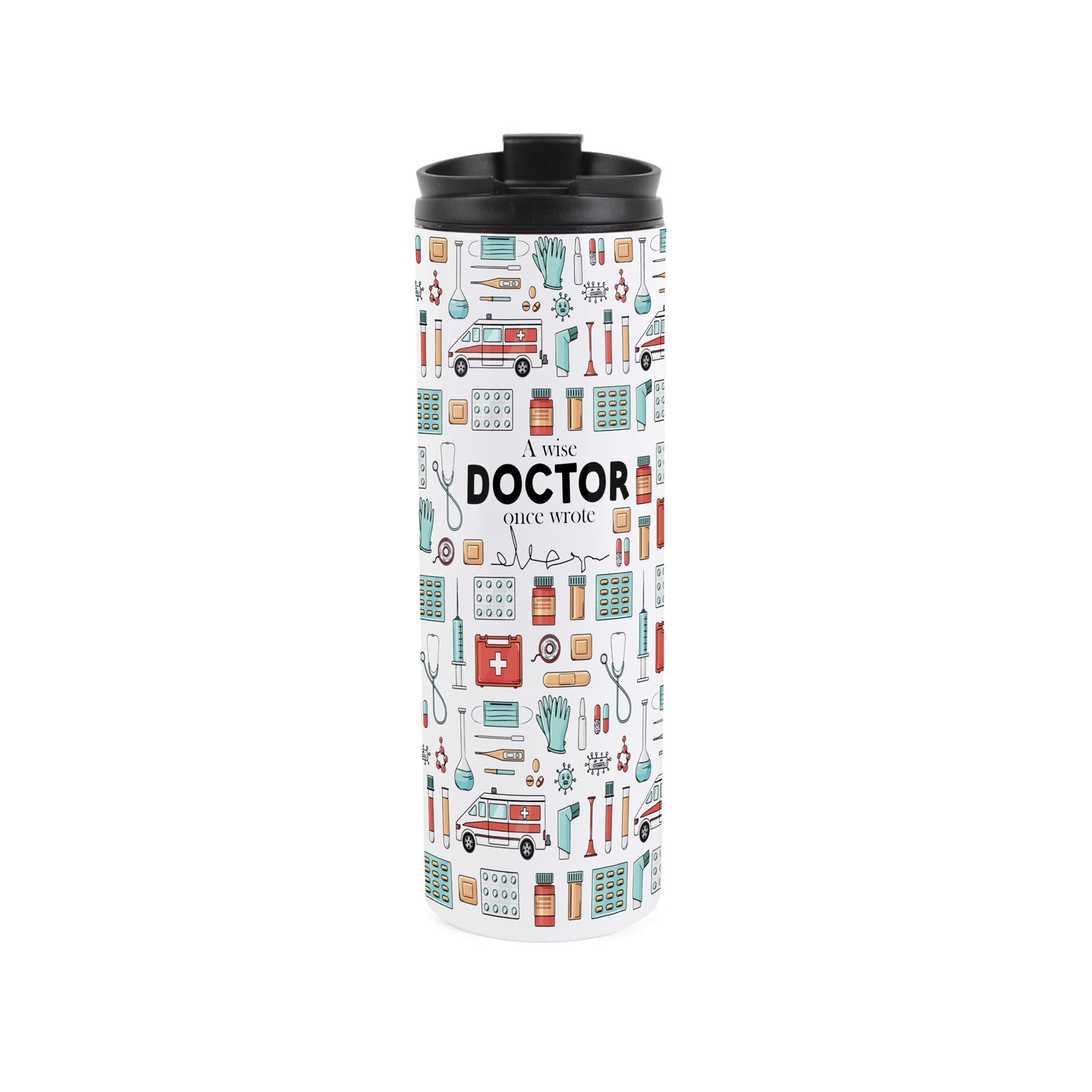 Travel mug featuring doctor pattern