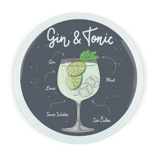 Gin & Tonic Cocktails Round Glass Serving Board - Chopping Board Worktop Saver