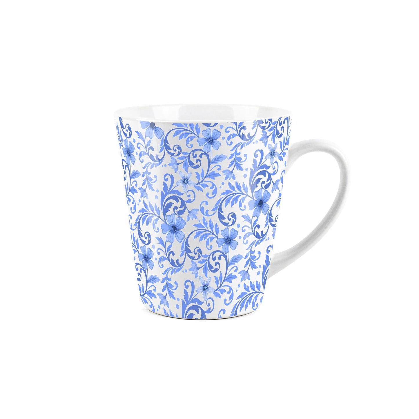 Small white latte mug with blue swirl design
