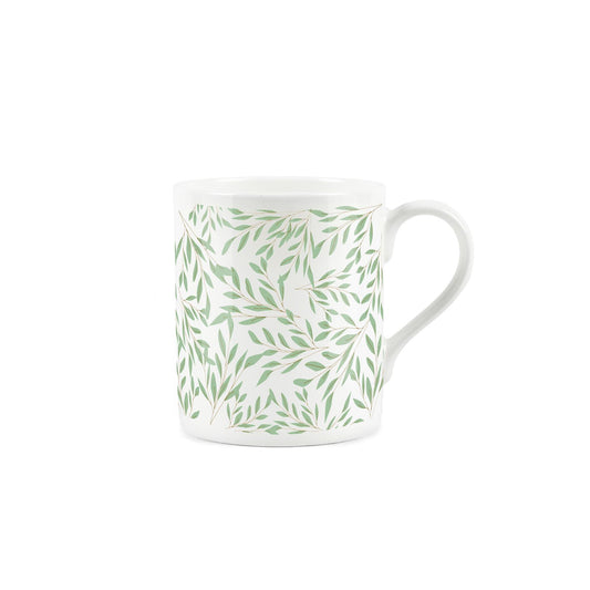 White bone china mug featuring green leaves pattern