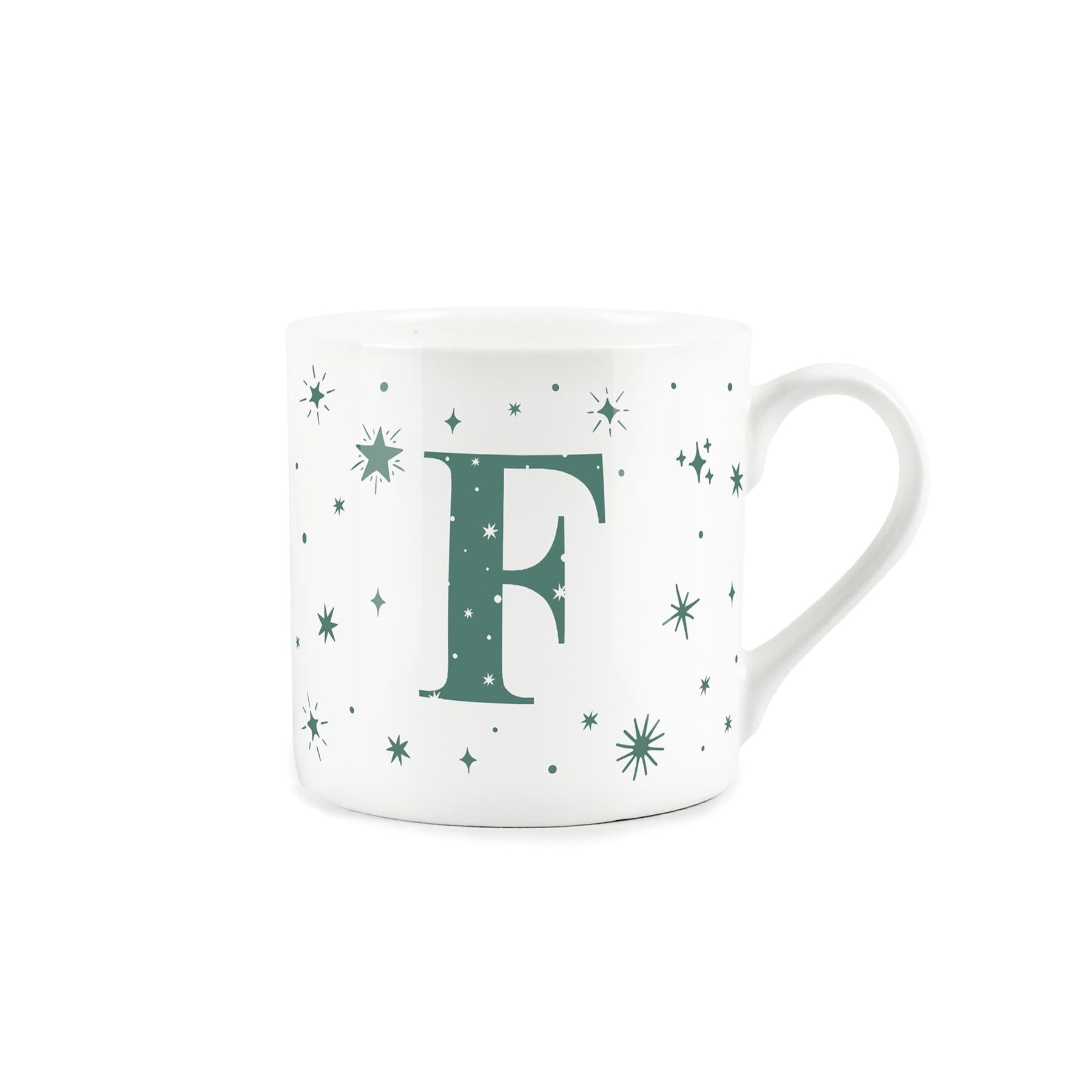 White bone china mug with green stars and letter 'F' alphabet design