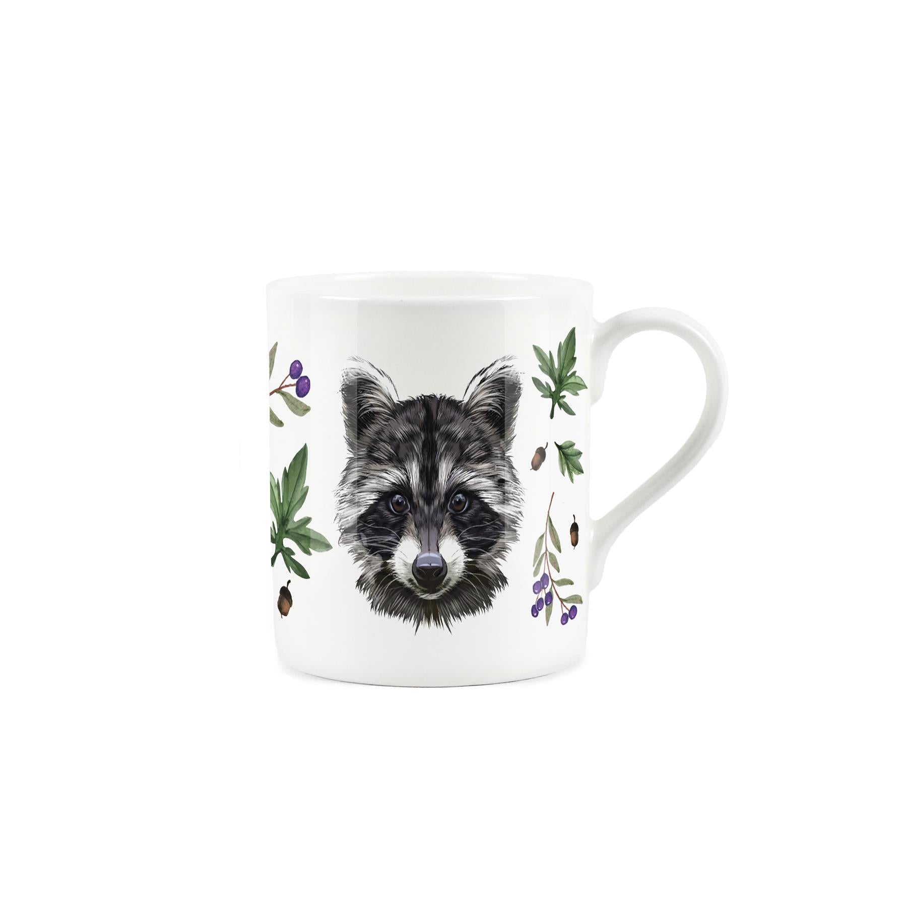 Raccoon & foliage on a white bone china mug.