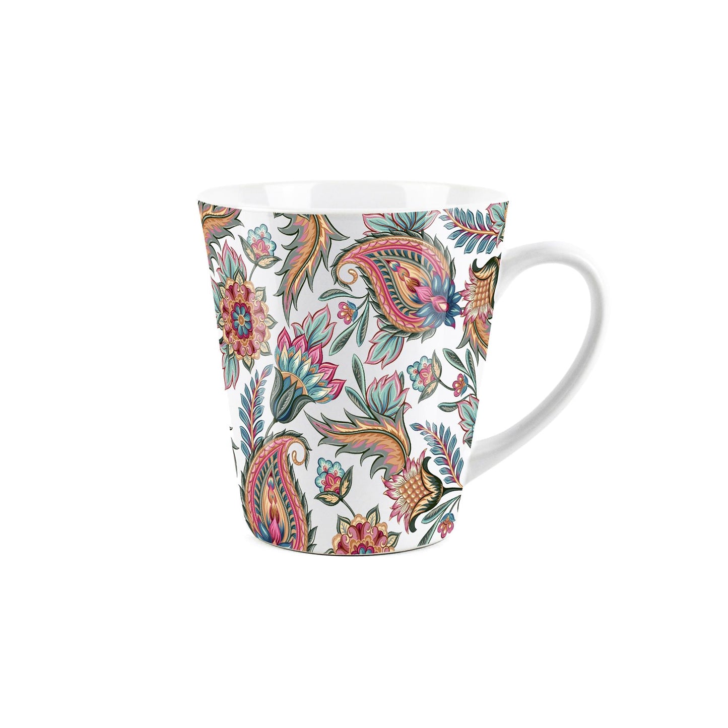 Small white latte mug featuring a paisley flowers design