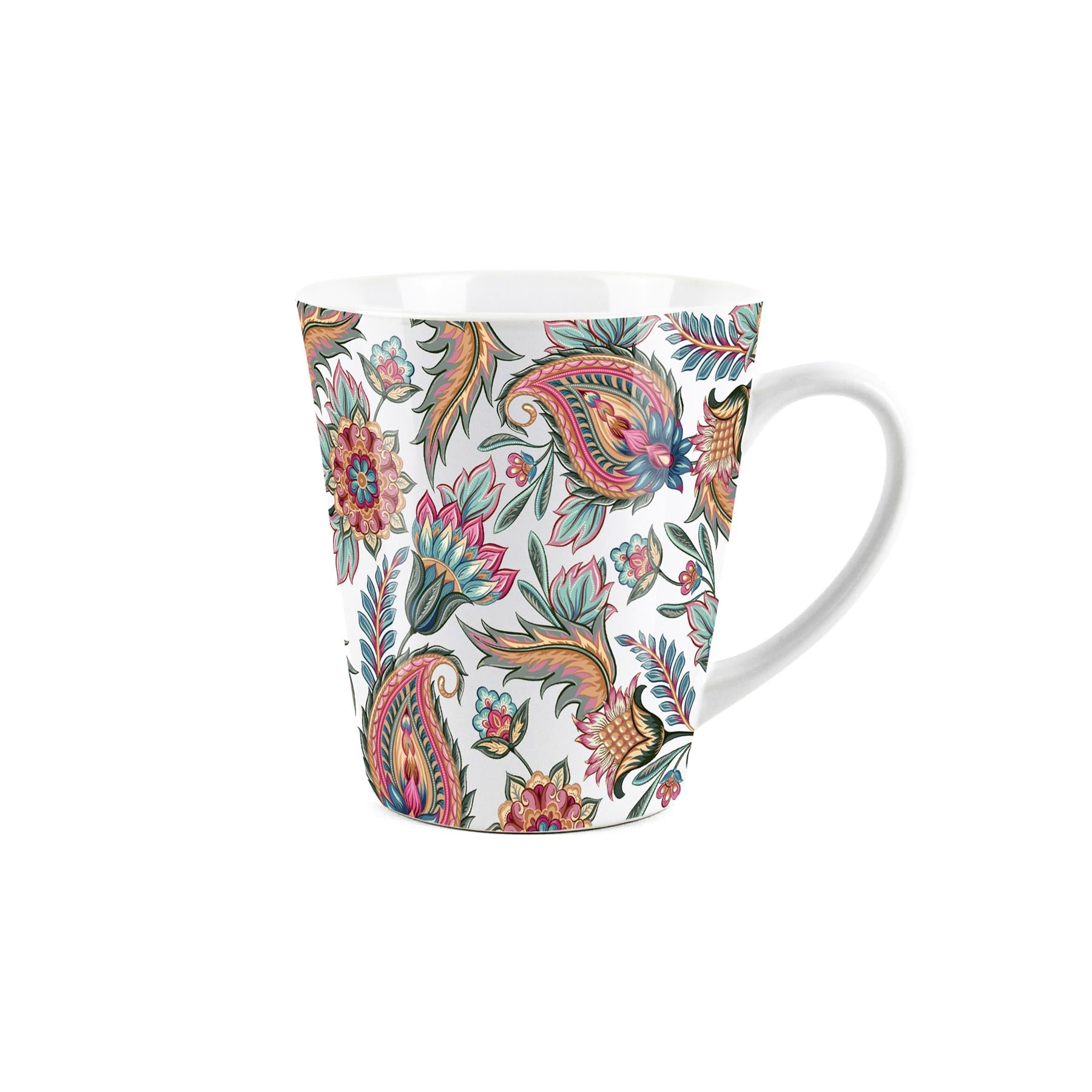 Small white latte mug featuring a paisley flowers design