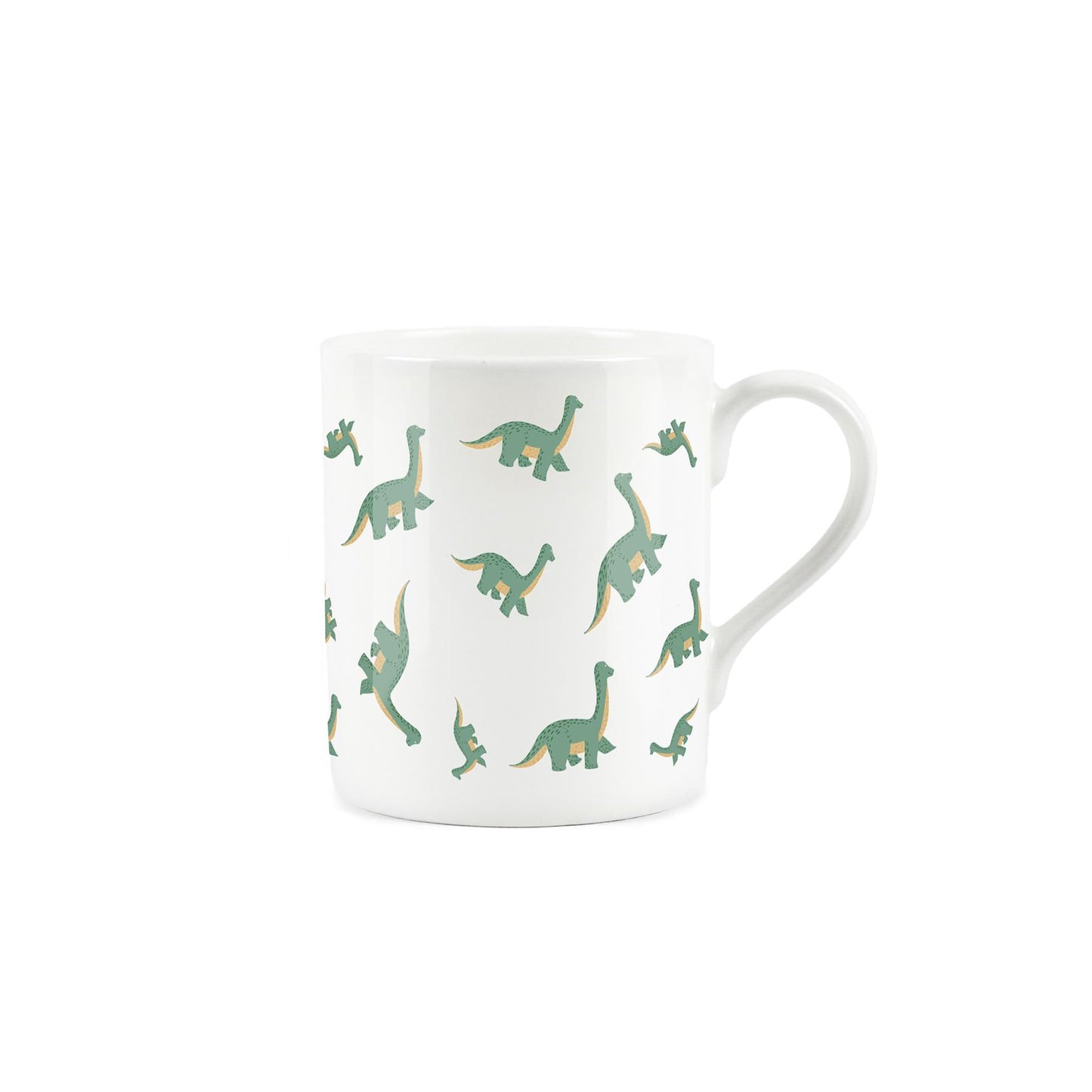 Repeating green diplodocus pattern on white bone china mug