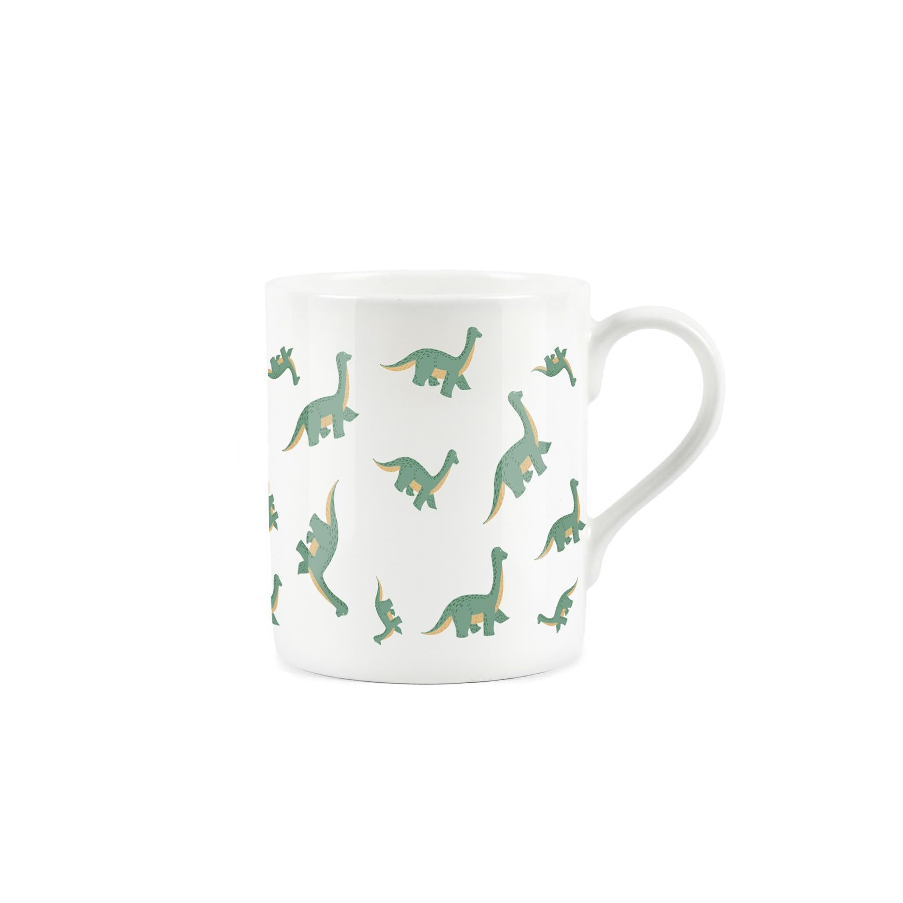 Repeating green diplodocus pattern on white bone china mug