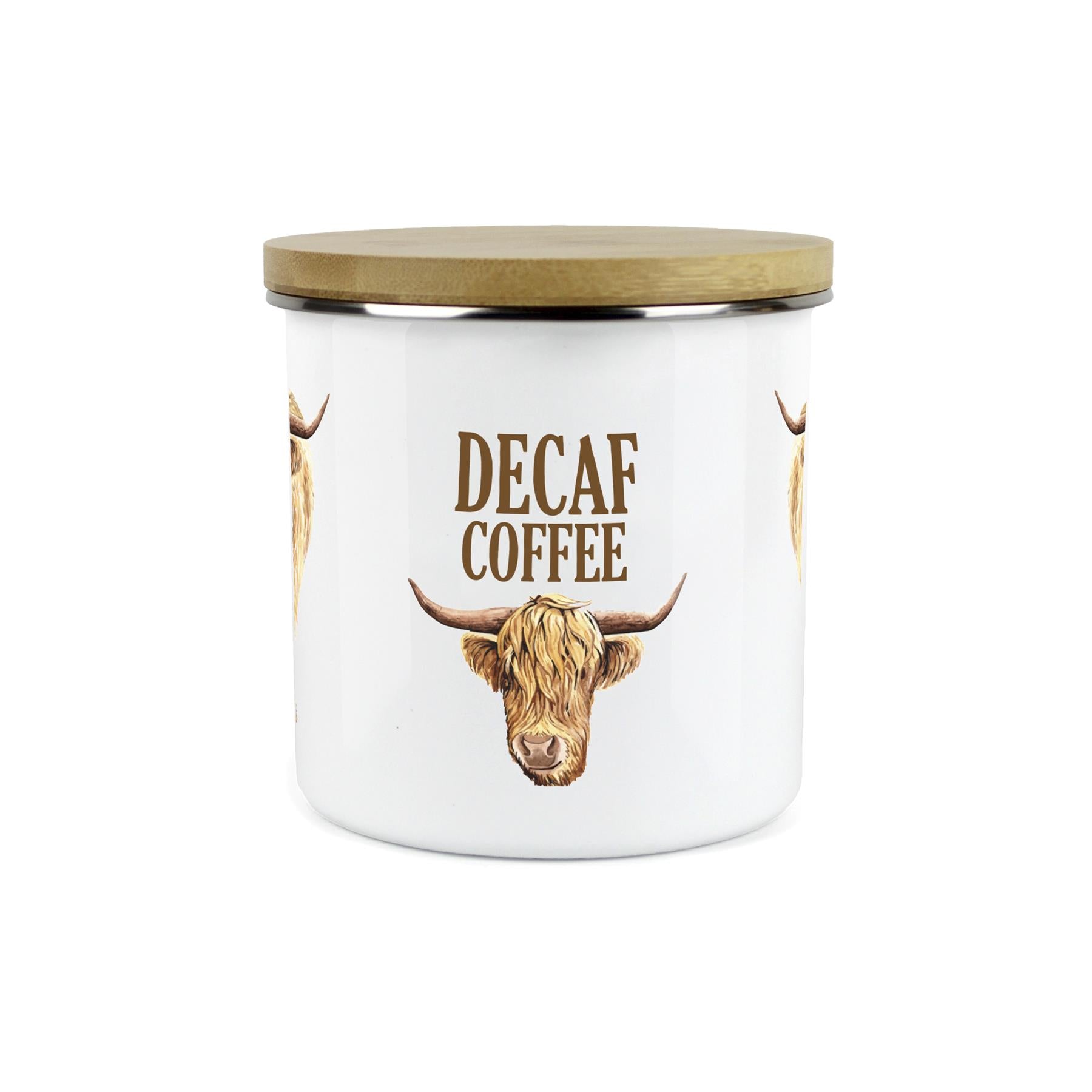 Decaf Coffee Highland Cow Storage Canister - Enamel & Bamboo Kitchen Storage Jar