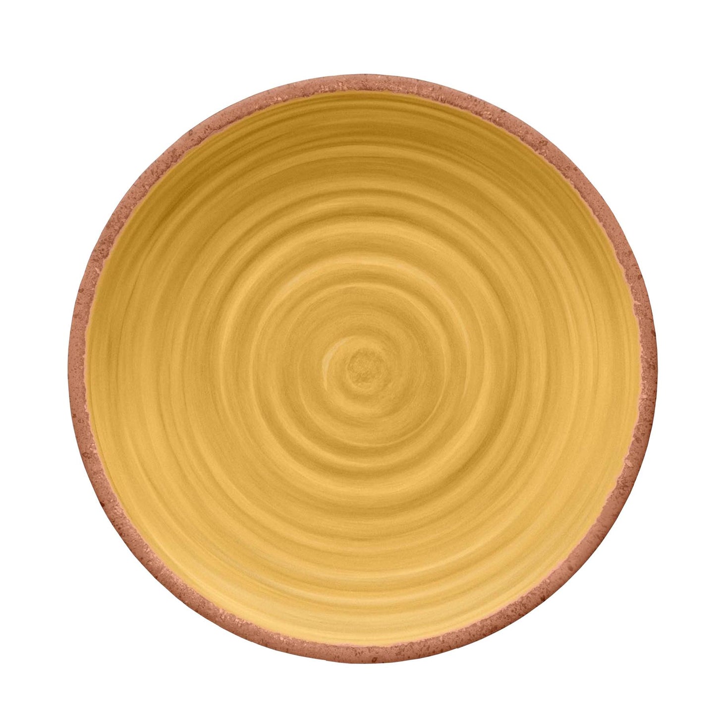 Melamine dinner plate featuring vibrant yellow swirl design and terracotta rim
