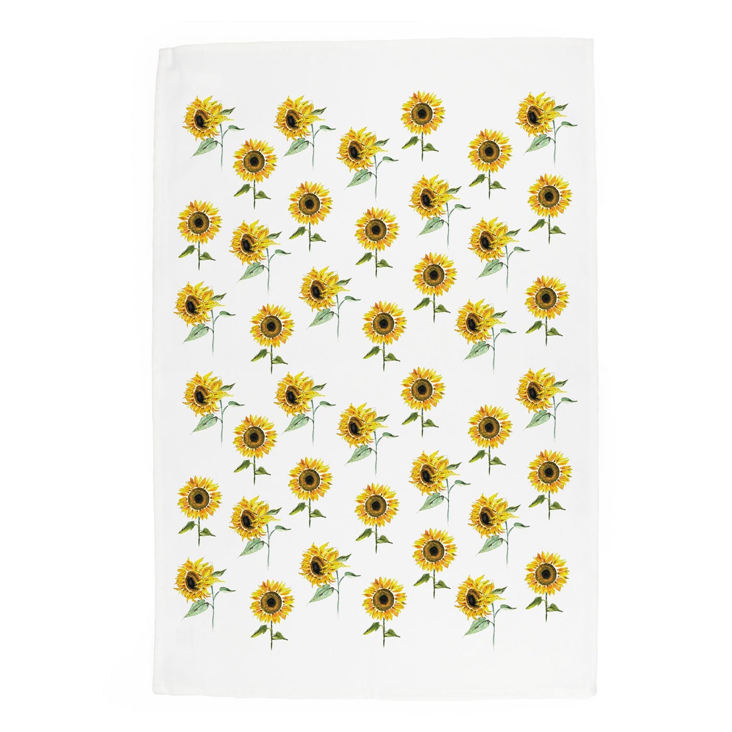 Simple pattern of watercolour sunflowers printed onto white panama cotton kitchen towel
