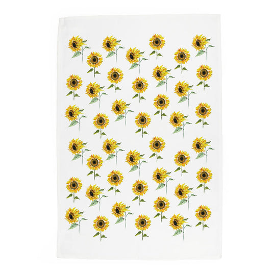 Simple pattern of watercolour sunflowers printed onto white panama cotton kitchen towel