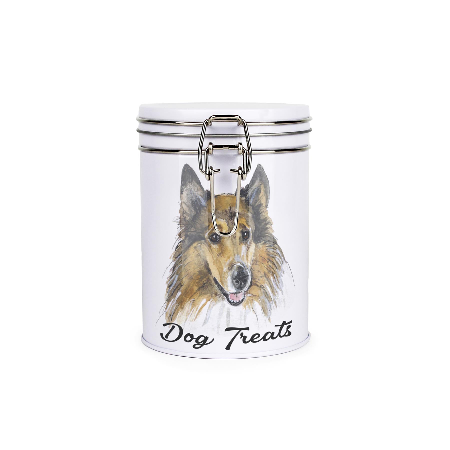 White tinplate canister with metal clip and lid featuring the face of a Rough Collie with the caption 'Dog Treats'