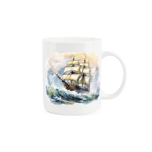 Detailed ship-themed mug with an old ship sailing in the sunset.