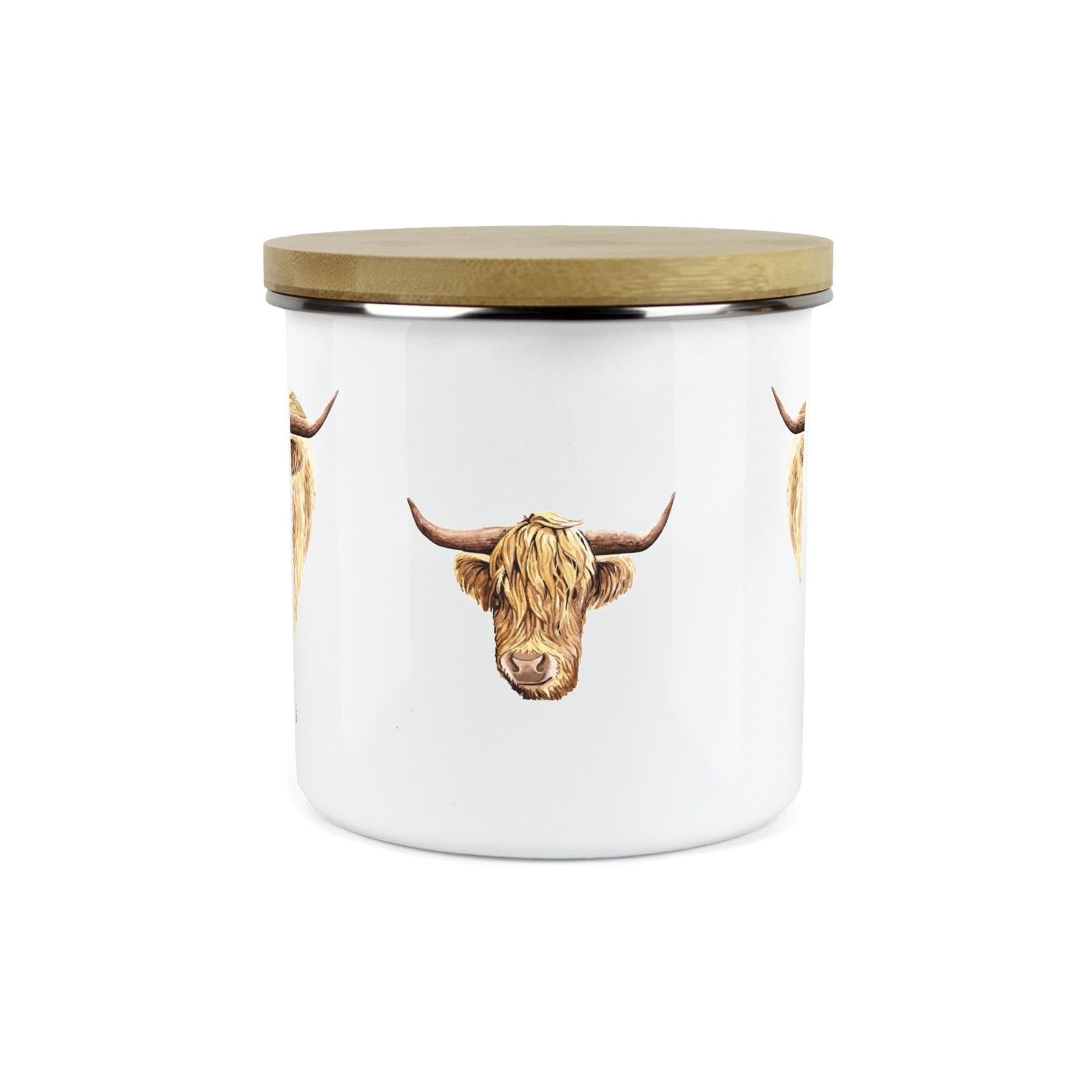 Highland Cow Storage Canister - Enamel & Bamboo Kitchen Storage Jar