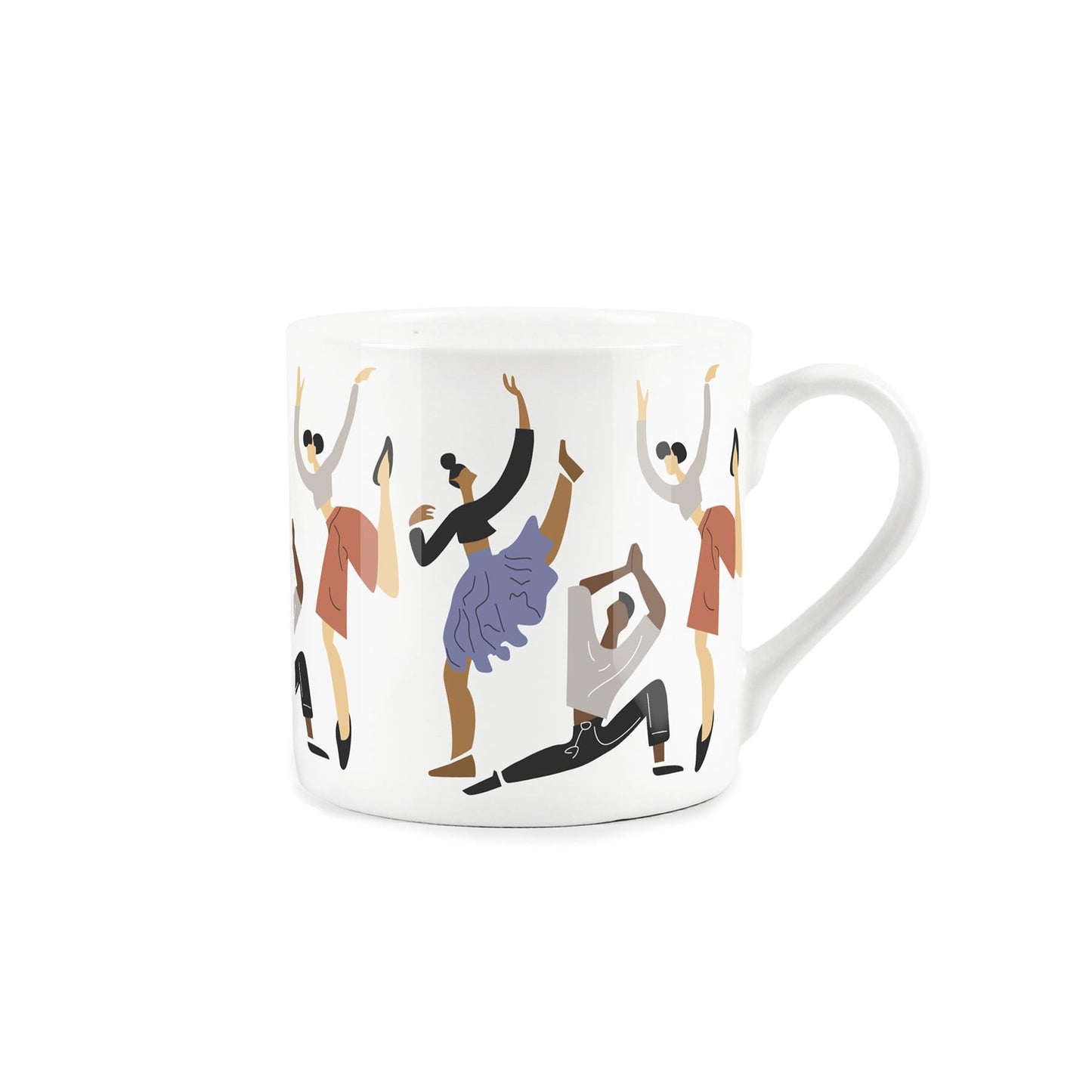 White bone china mug featuring minimalistic vector art depiction of contemporary dance performances