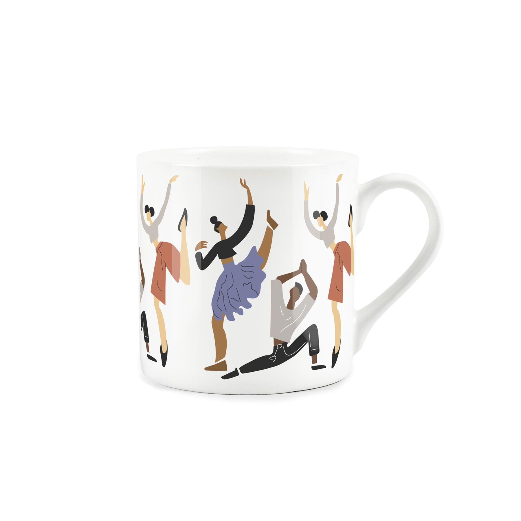 White bone china mug featuring minimalistic vector art depiction of contemporary dance performances