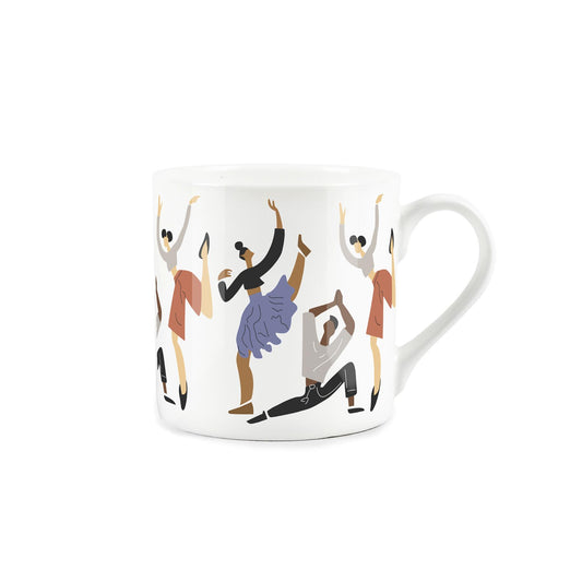 White bone china mug featuring minimalistic vector art depiction of contemporary dance performances