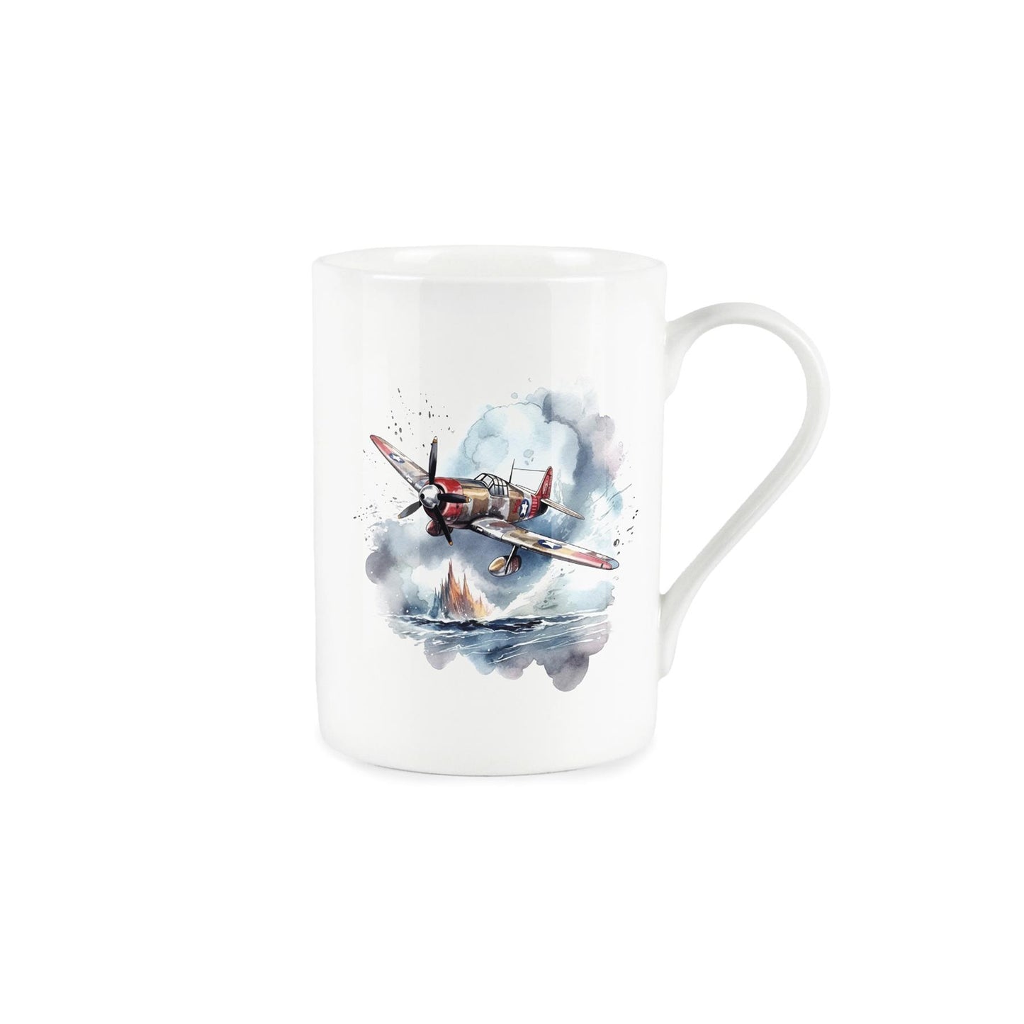 White bone china mug featuring watercolour depiction of retro fighter plane