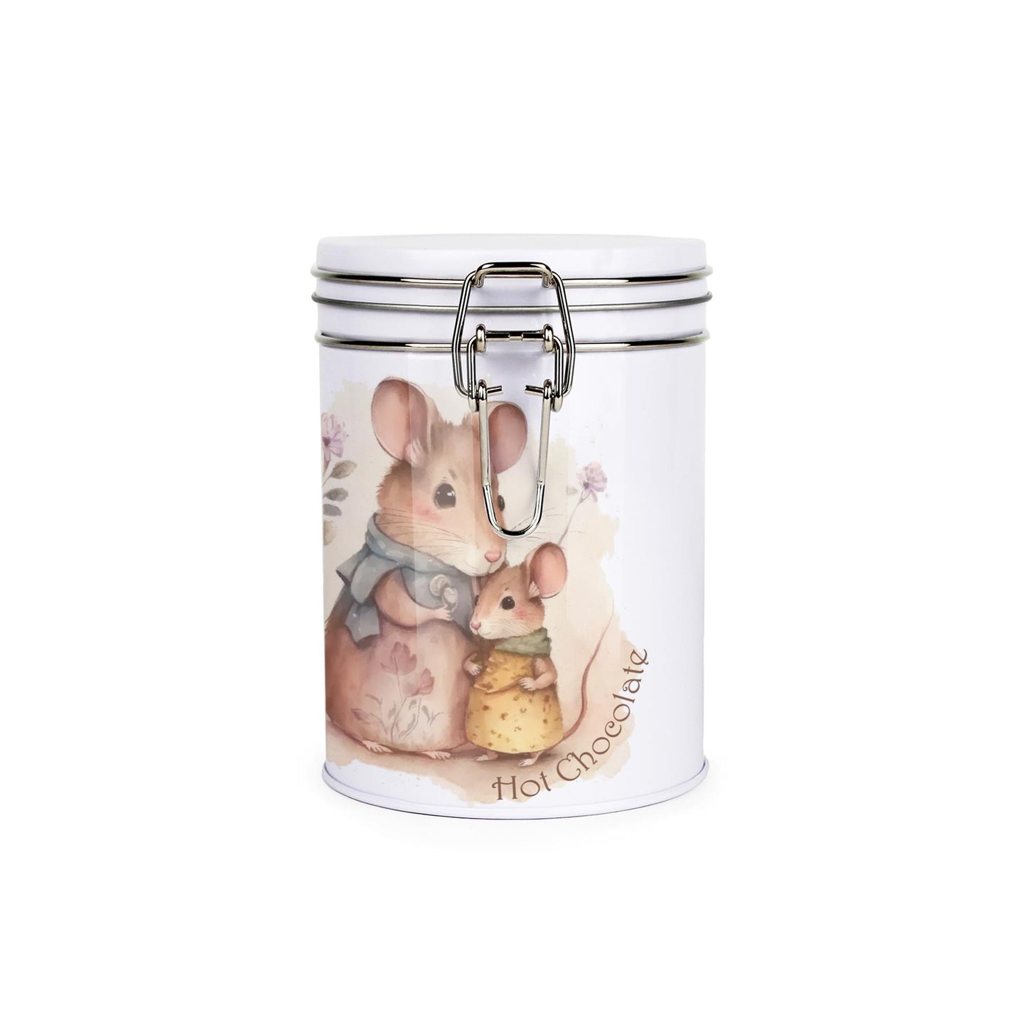 Tin Metal canister with Tin Metal clip and lid featuring an illustration of a mother mouse and her child and hot chocolate text