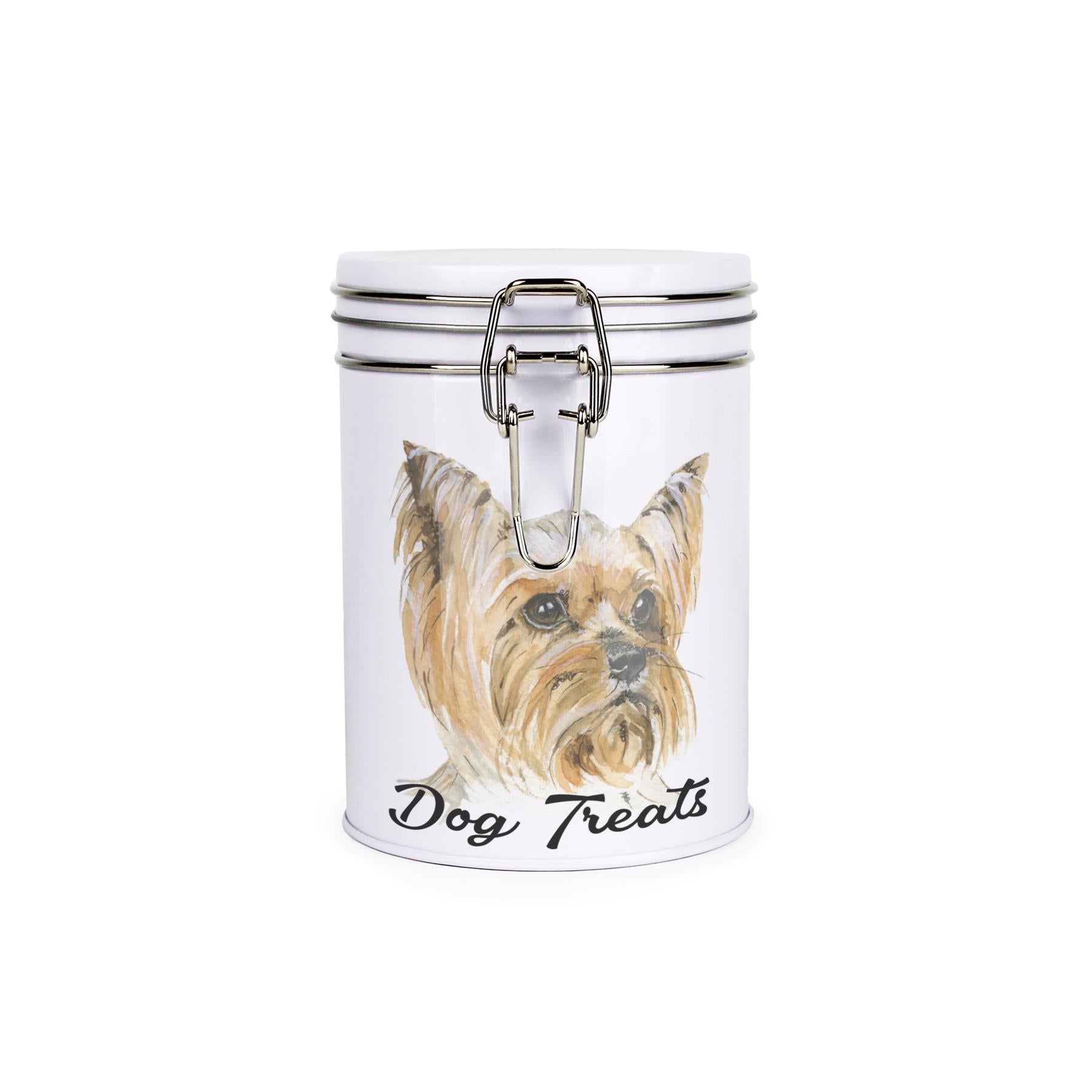 White tinplate canister with metal clip and lid featuring the face of a Yorkie with the caption 'Dog Treats'