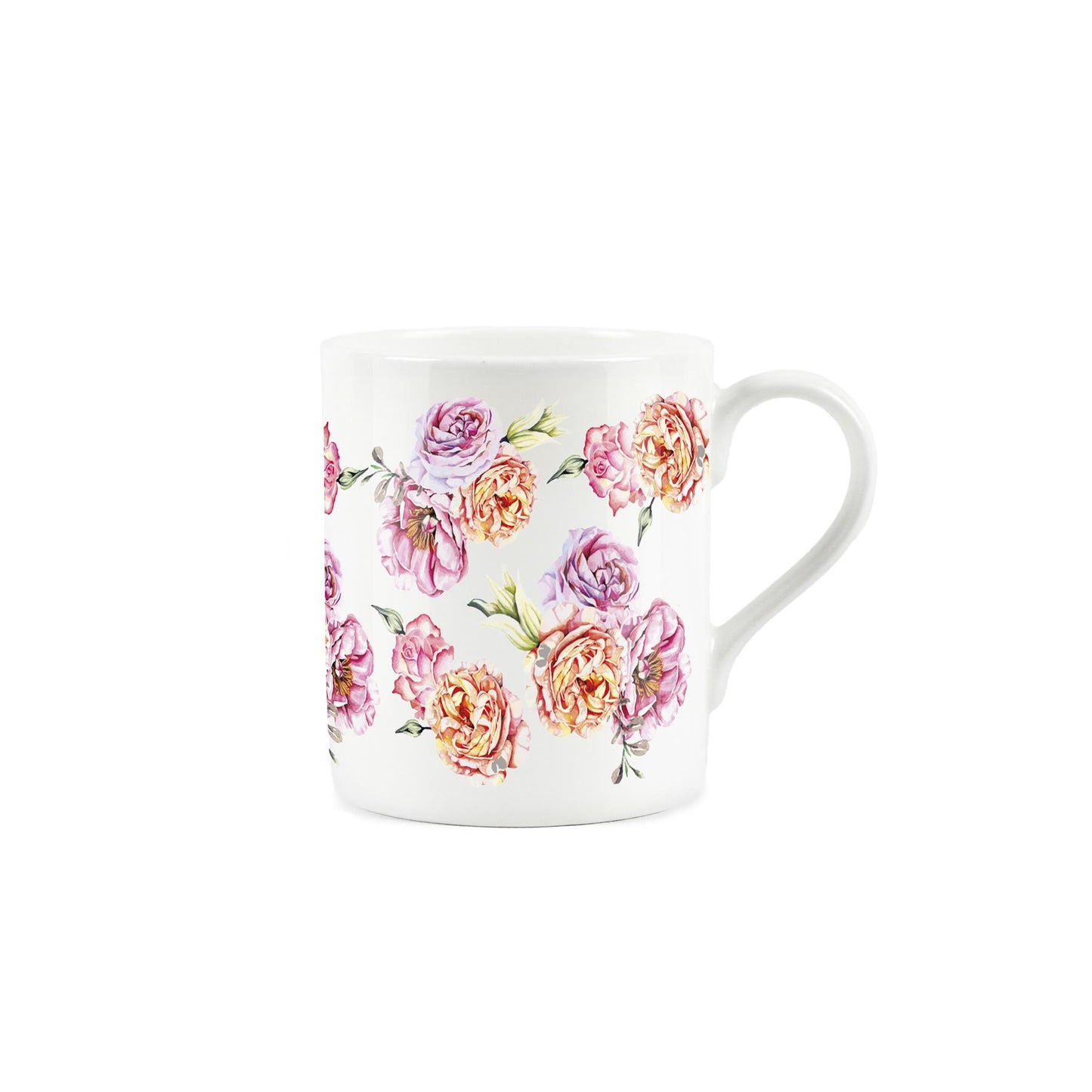 White bone china mug featuring painted pink rose pattern