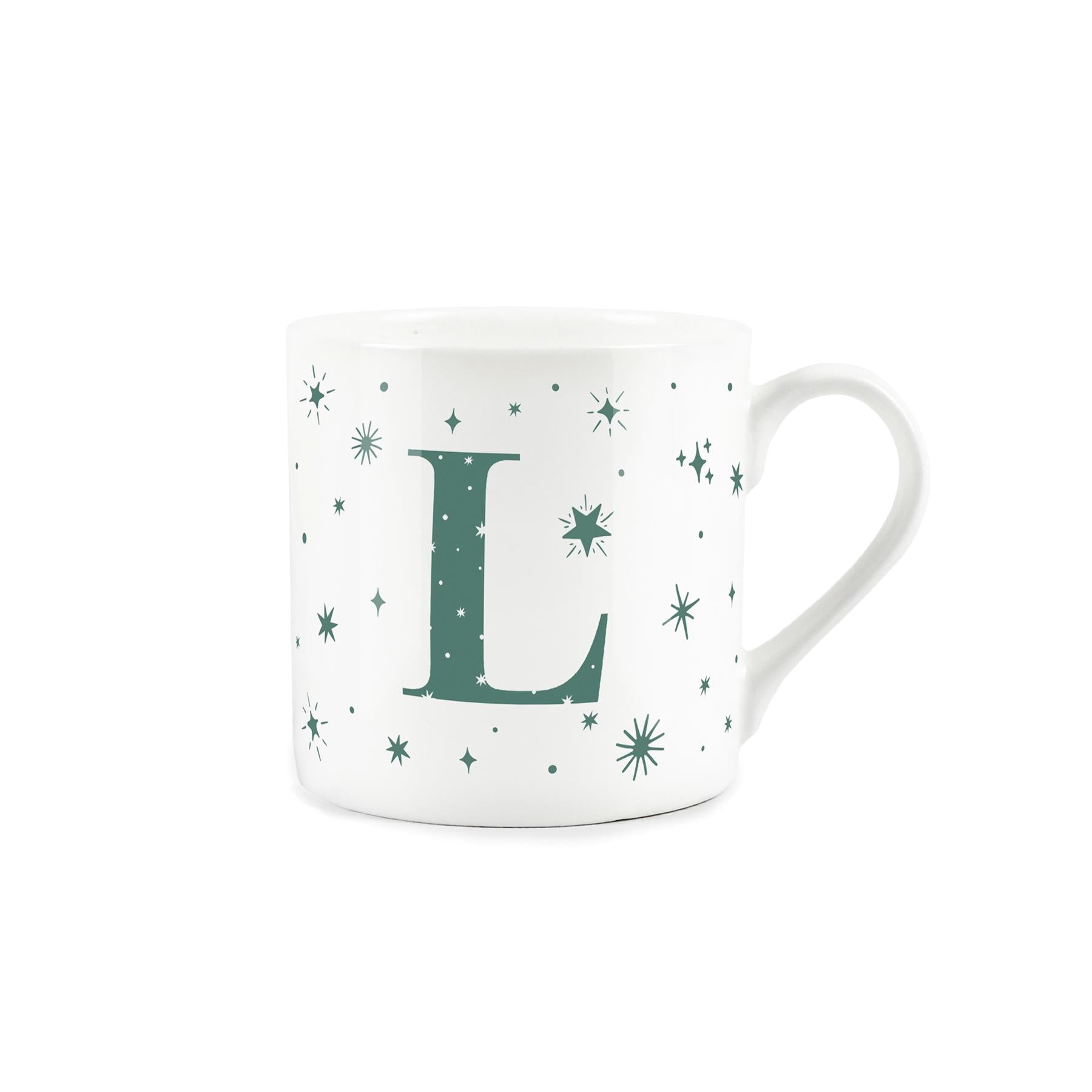 White bone china mug with green Stars and letter 'L' alphabet design