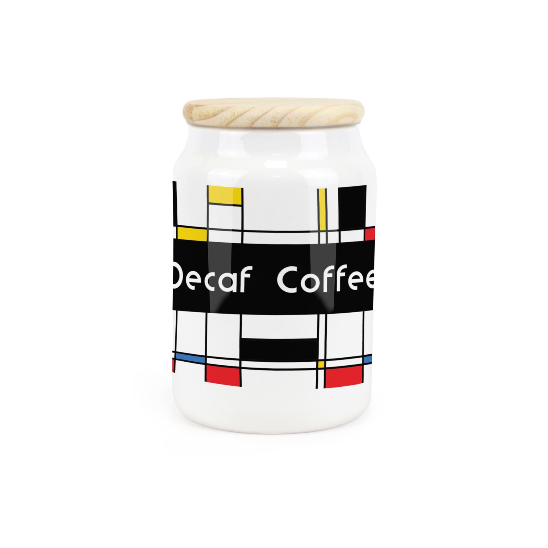 White ceramic canister featuring 1950s inspired retro print design for Decaf Coffee.