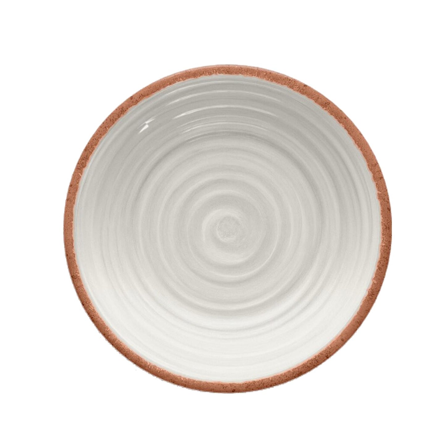 Melamine side plate featuring vibrant Ivory swirl design and terracotta rim