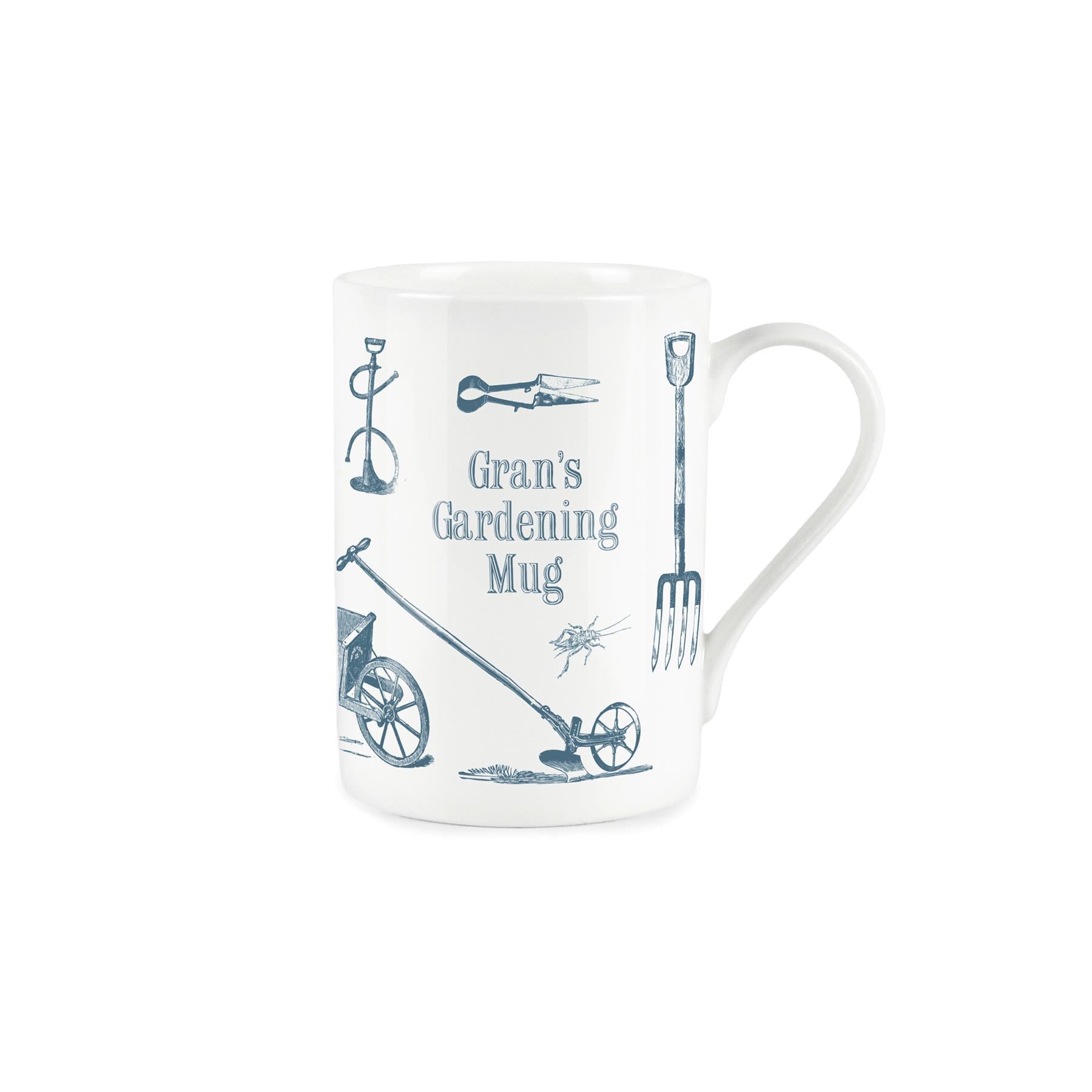 White bone china mug with vintage blue gardening design featuring 'Gran's Gardening Mug' typography and retro illustrations of gardening equipment