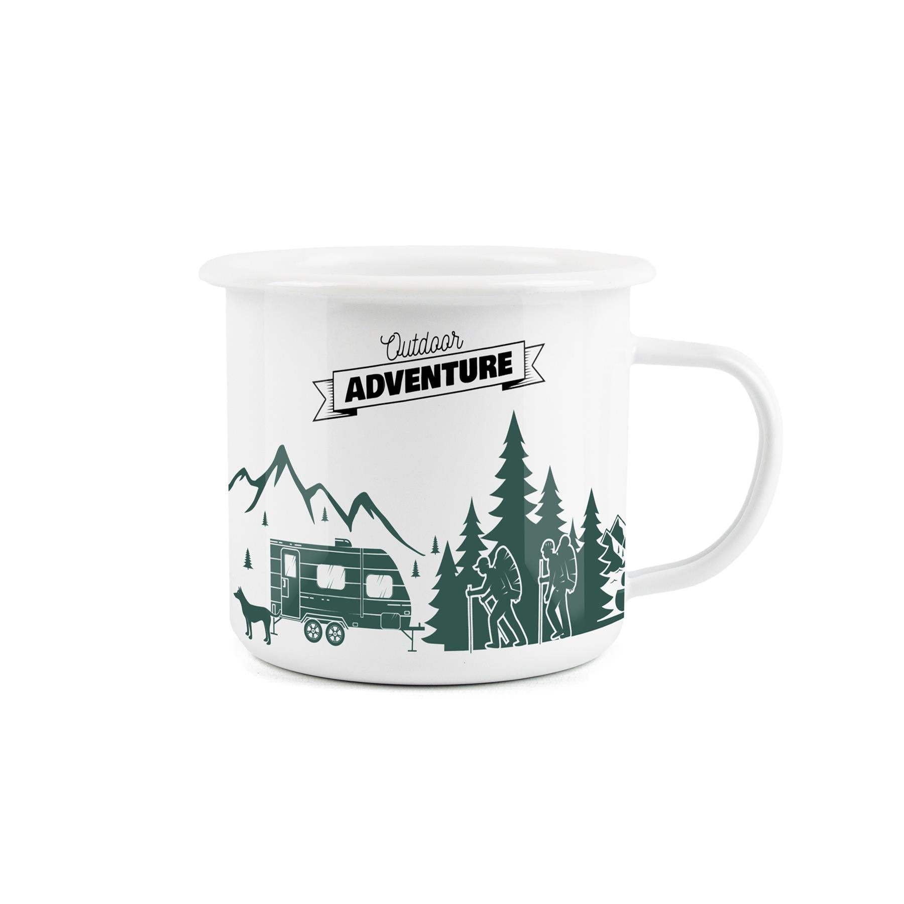 Perfect enamel mug for outdoor lovers, suitable for camping, hiking, canoeing, and climbing.