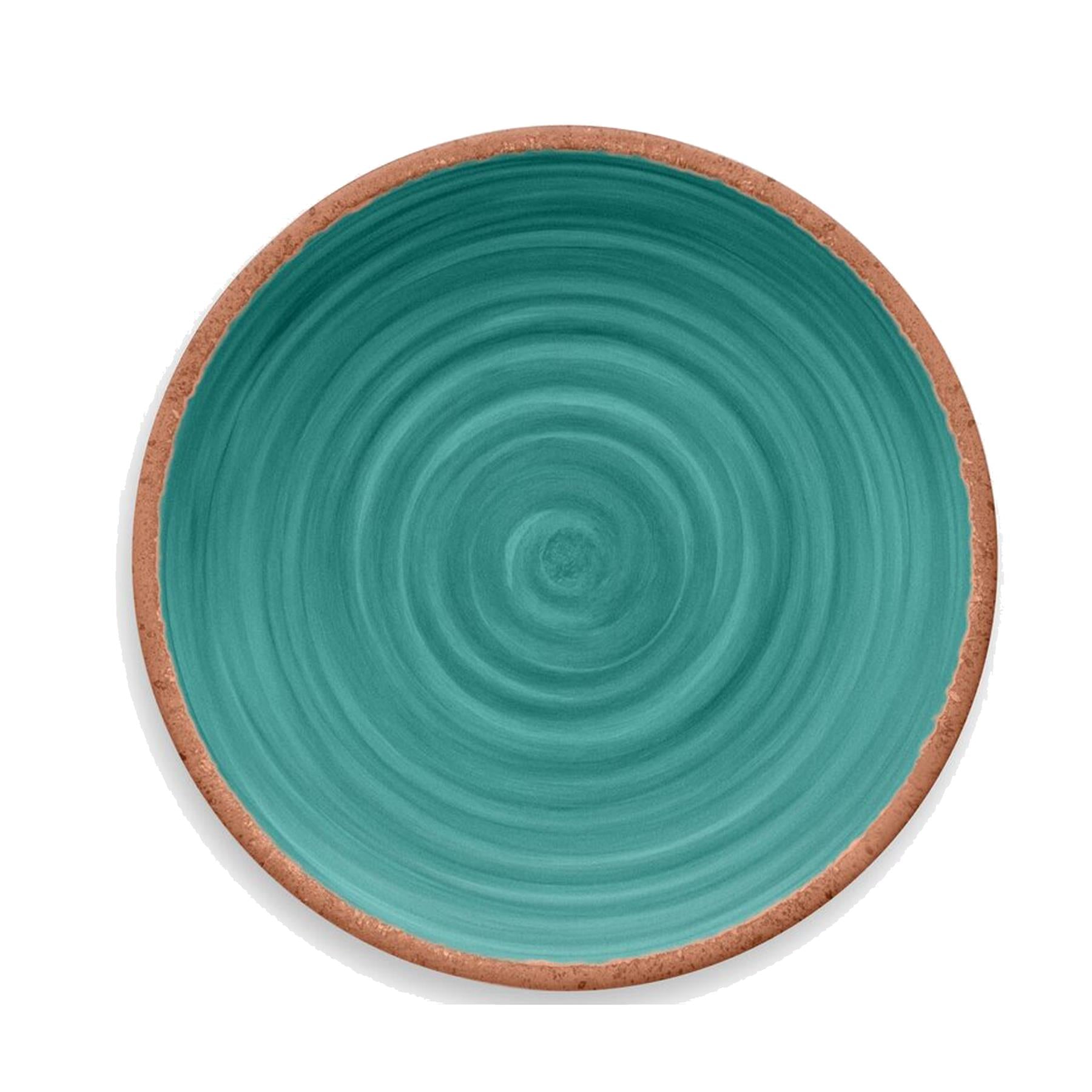 Melamine dinner plate featuring vibrant turquoise swirl design and terracotta rim