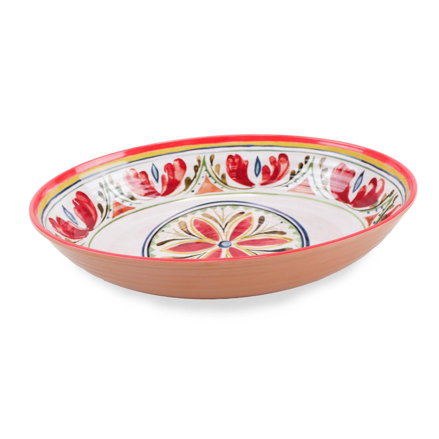 Rustic melamine oval serving bowl with bold Mediterranean patterns. Ideal for serving summer flavors and fruits.
