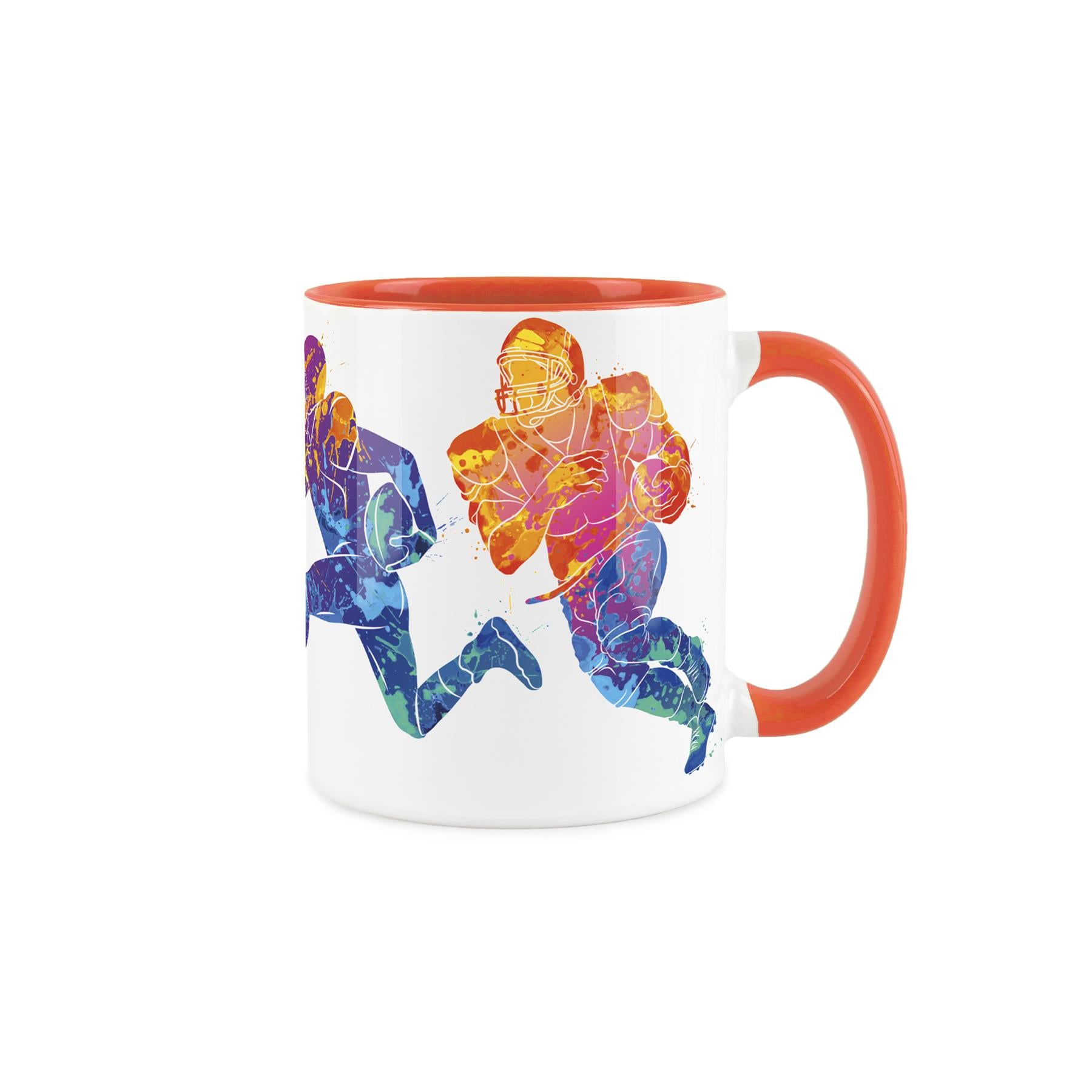White ceramic mug featuring vibrant, paint-splattered depiction of athletes performing