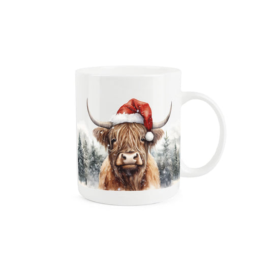 White bone china mug featuring christmas highland cow design