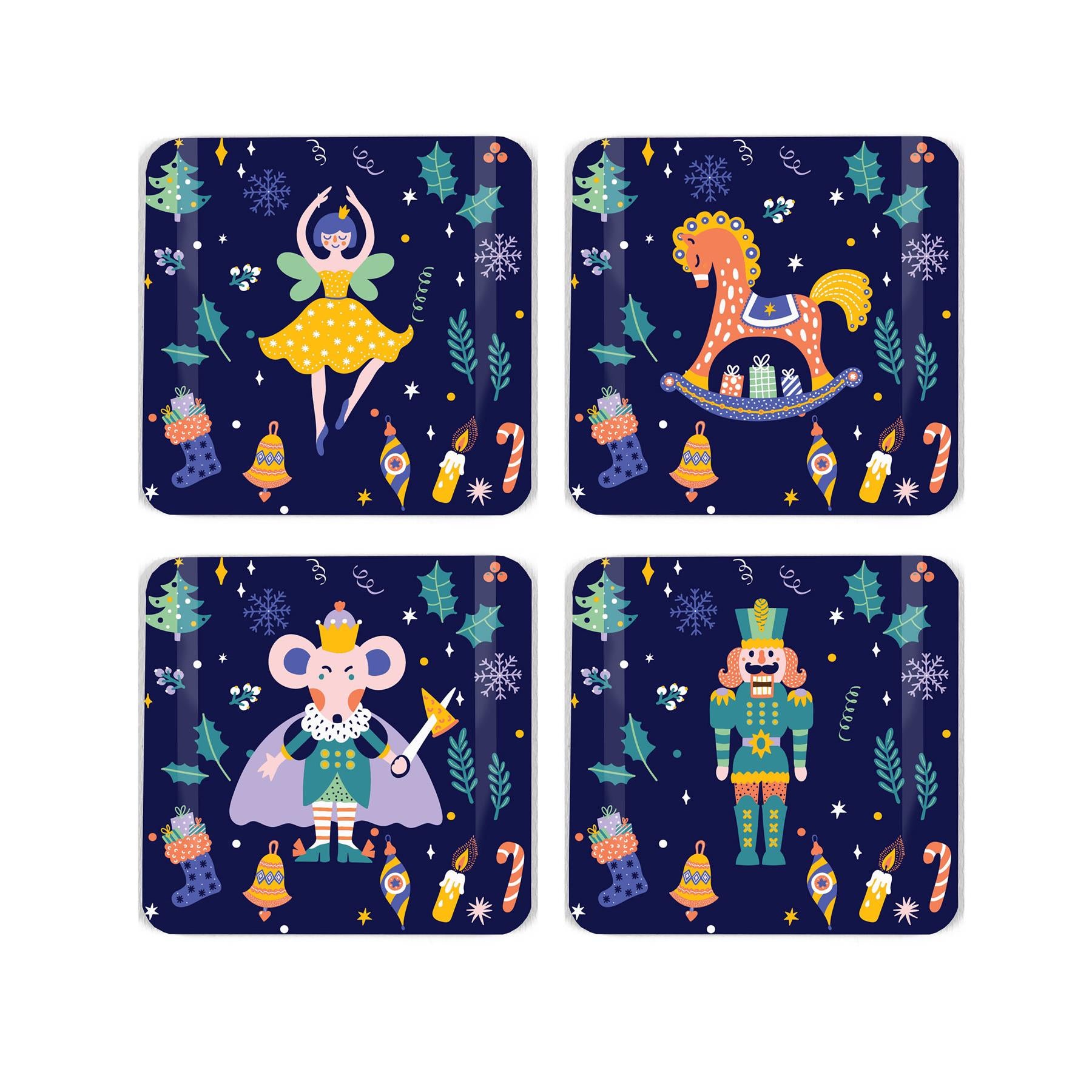 Four cork coasters feautring vibrant nutcracker pattern design