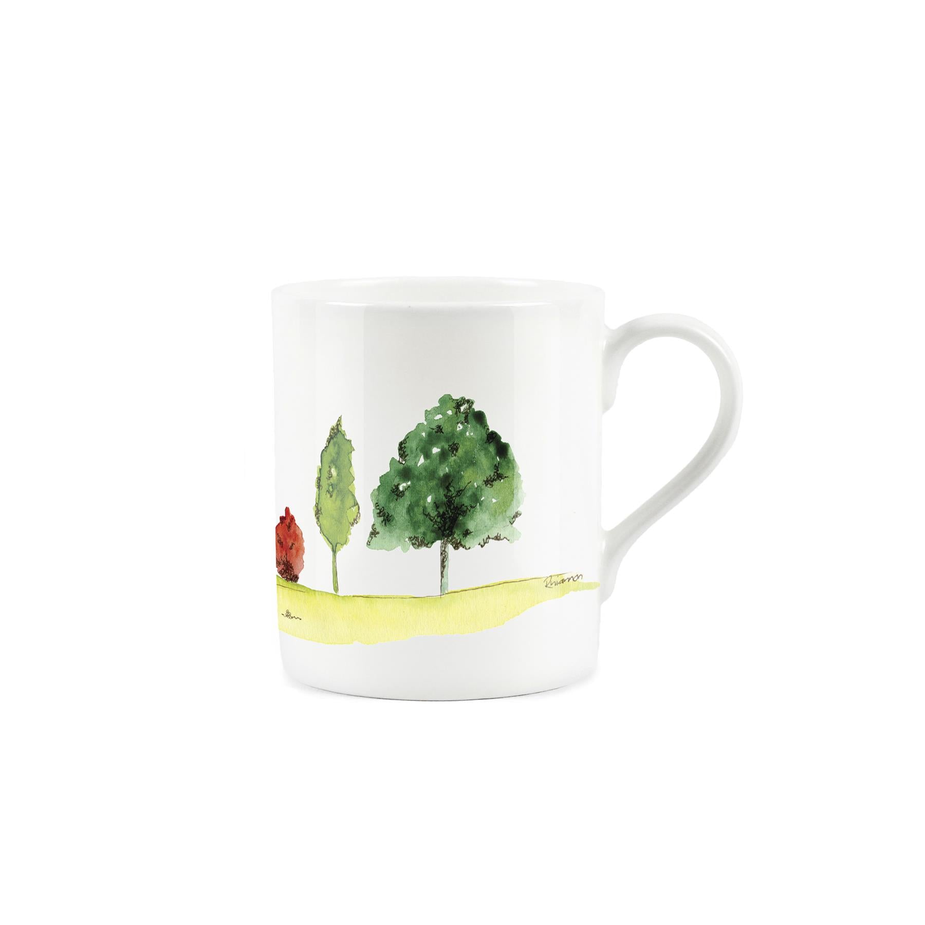 Maple trees in British countryside on a white bone china mug.
