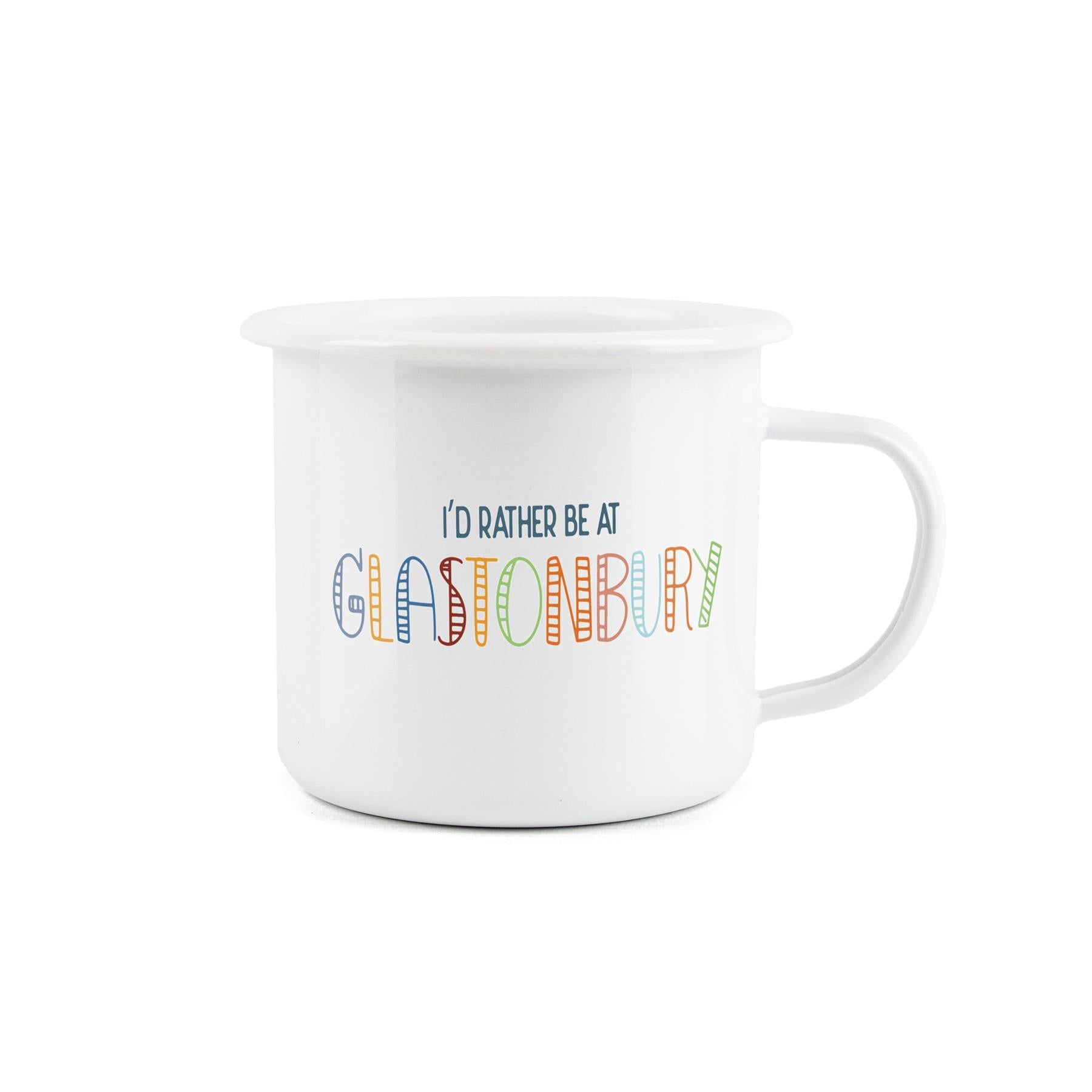Fun novelty mug expressing a desire to be at Glastonbury, perfect for outdoor activities.