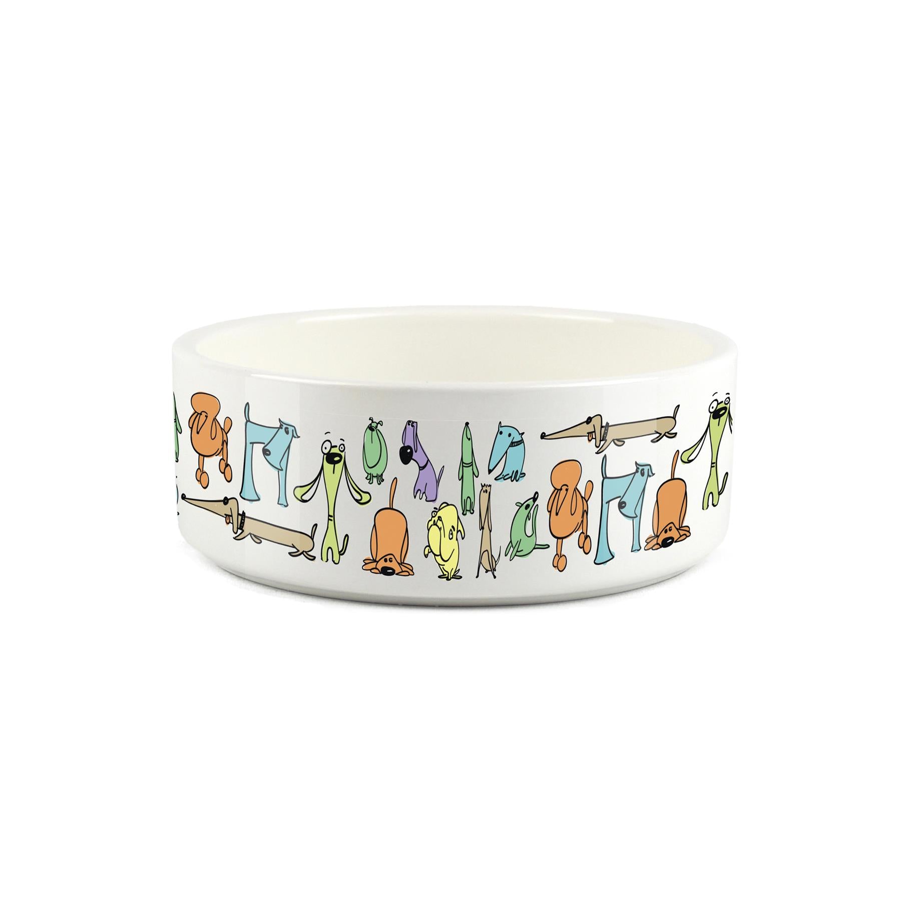Small ceramic white pet bowl with quirky colourful dog characters printed on.